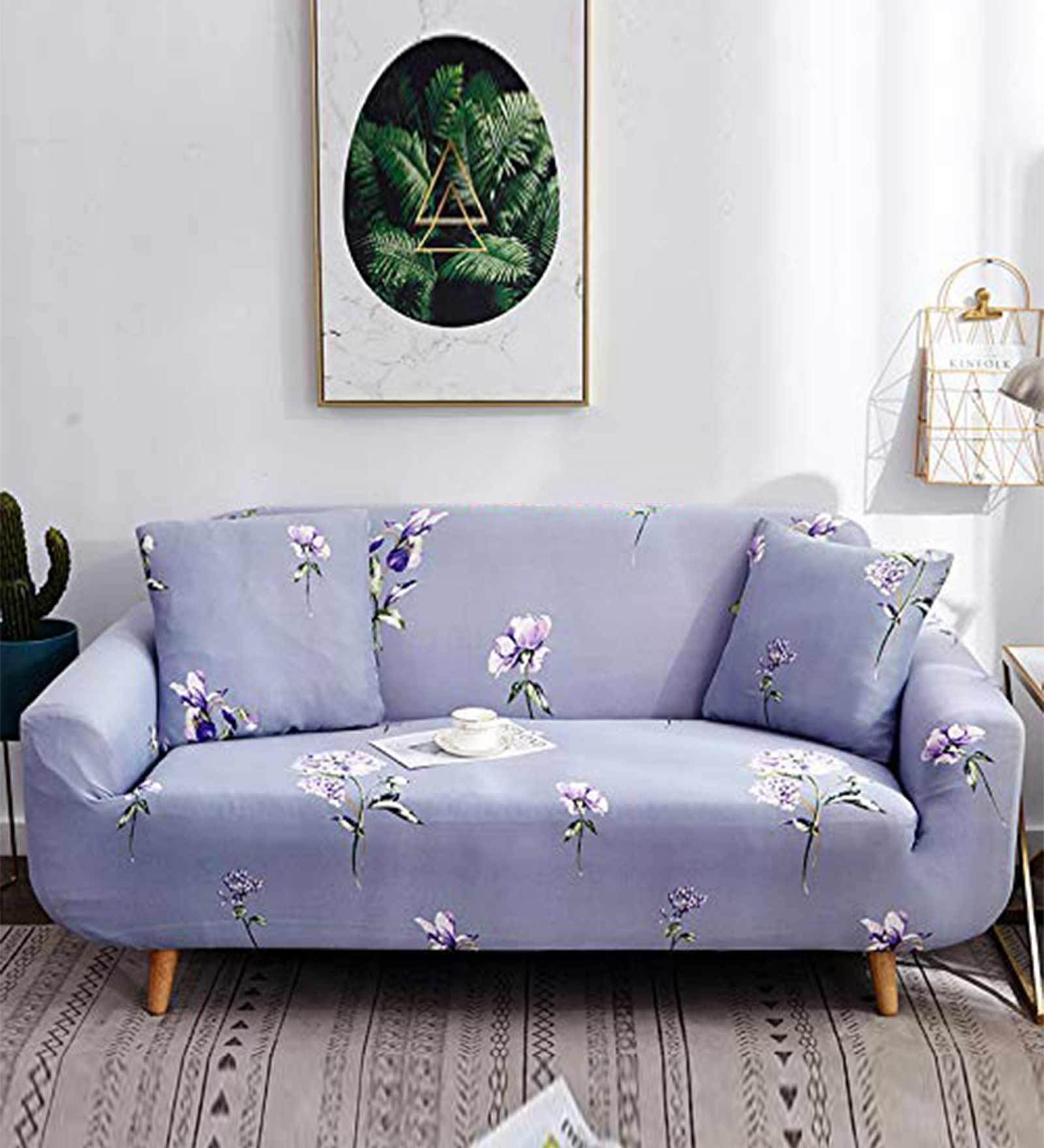 Grey Polyester Printed 90x18 Flexible Stretch 3 Seater Sofa Slipcover