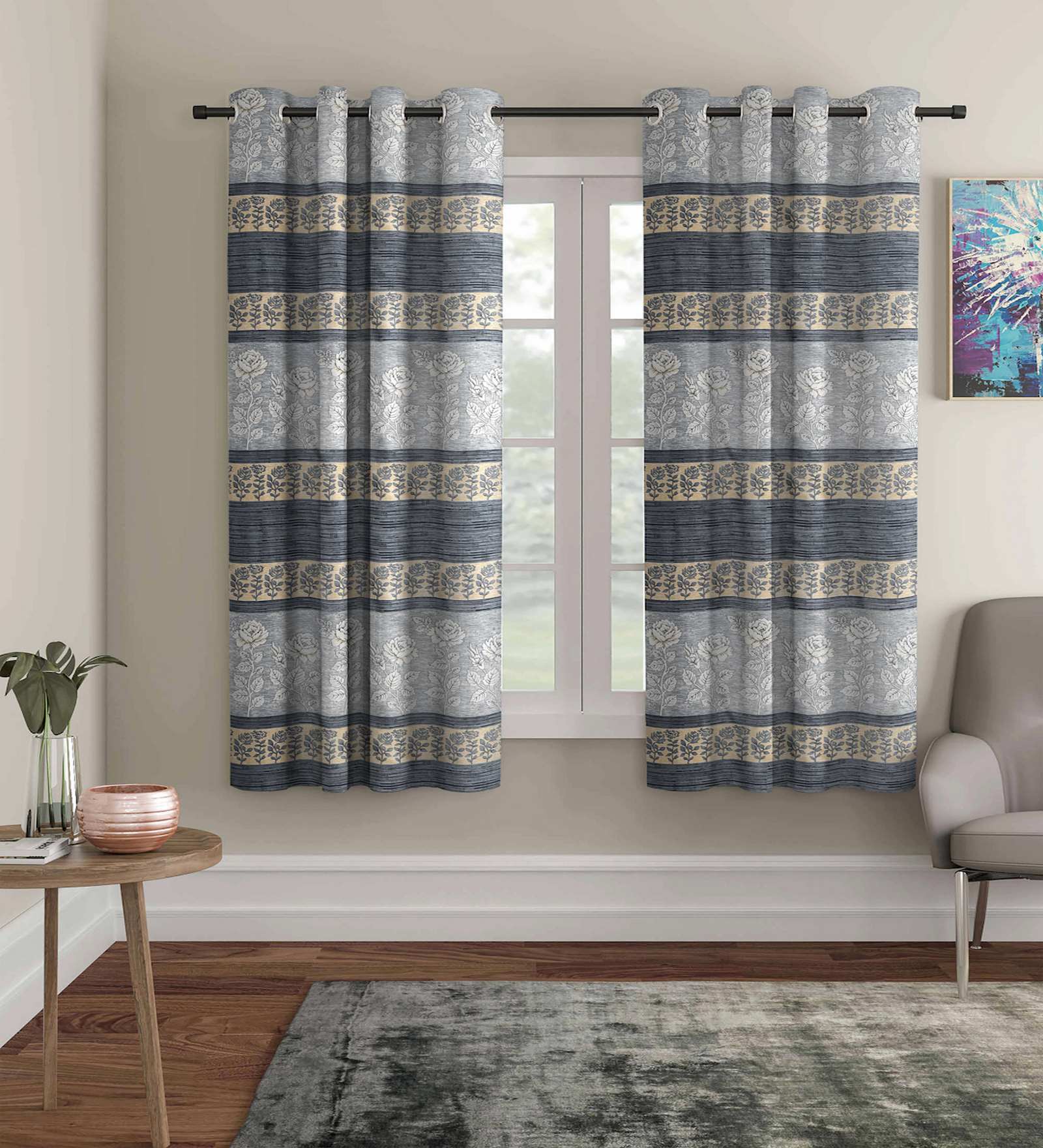 Grey Polyester Self Design 5ft Blackout Eyelet Window Curtains (Pack of 2)