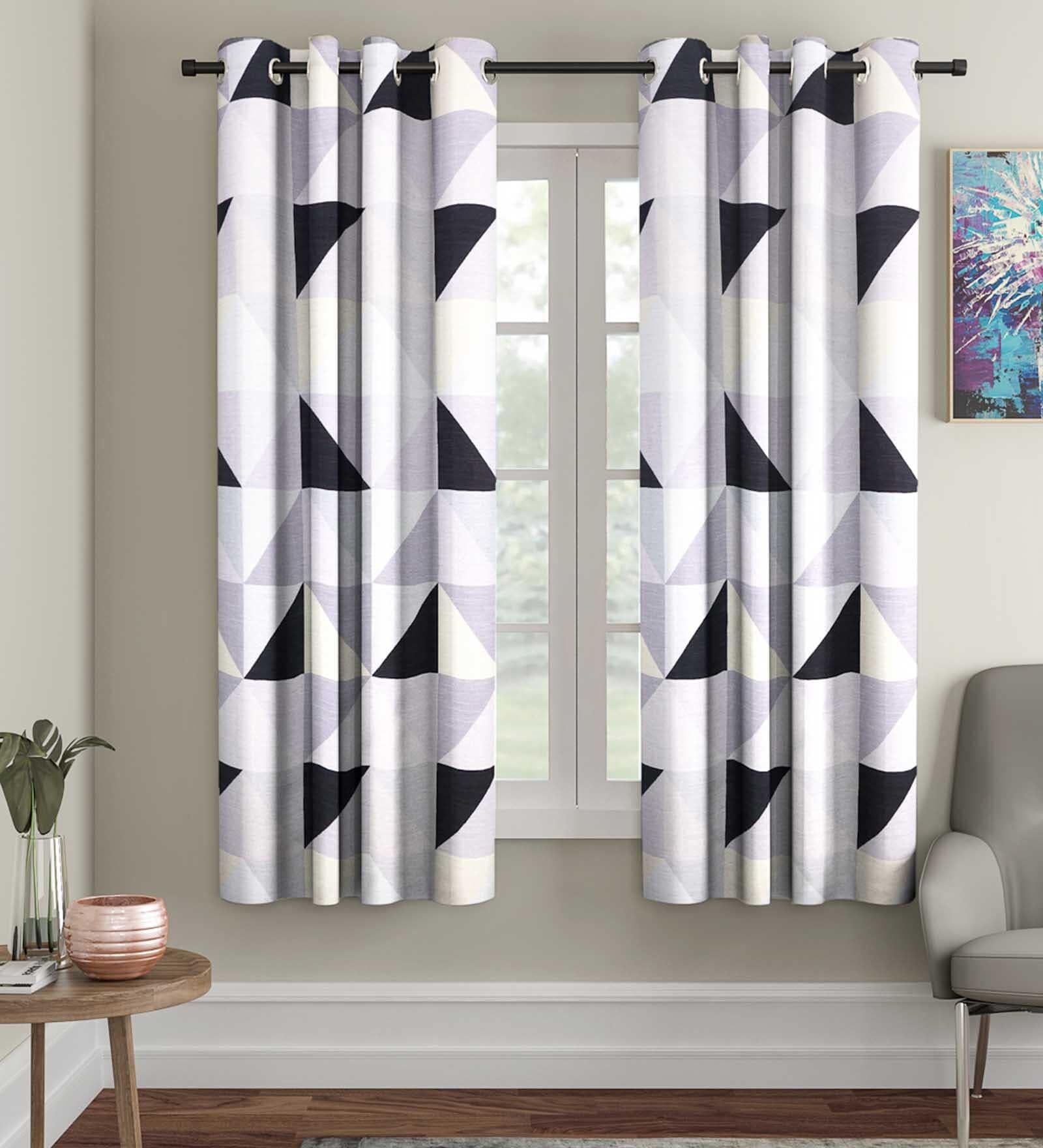 Grey Geometric Polyester 5 Ft Semisheer Eyelet Window Curtains (Set of 2)