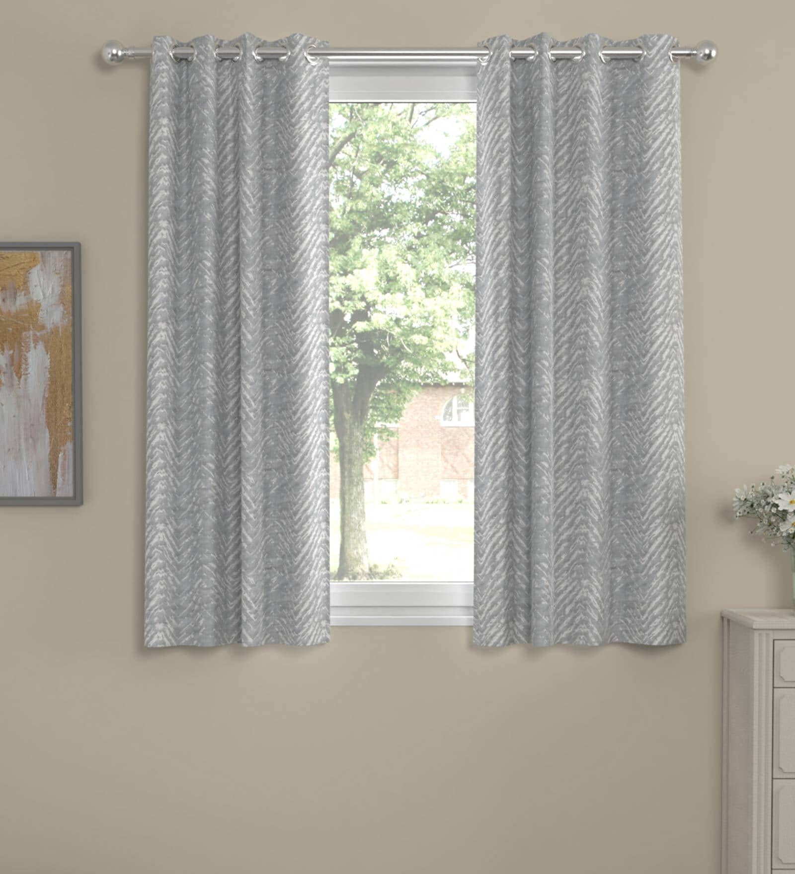 Geometric Polyester Solid 5 Ft  Semisheer Eyelet 2 Window Curtains