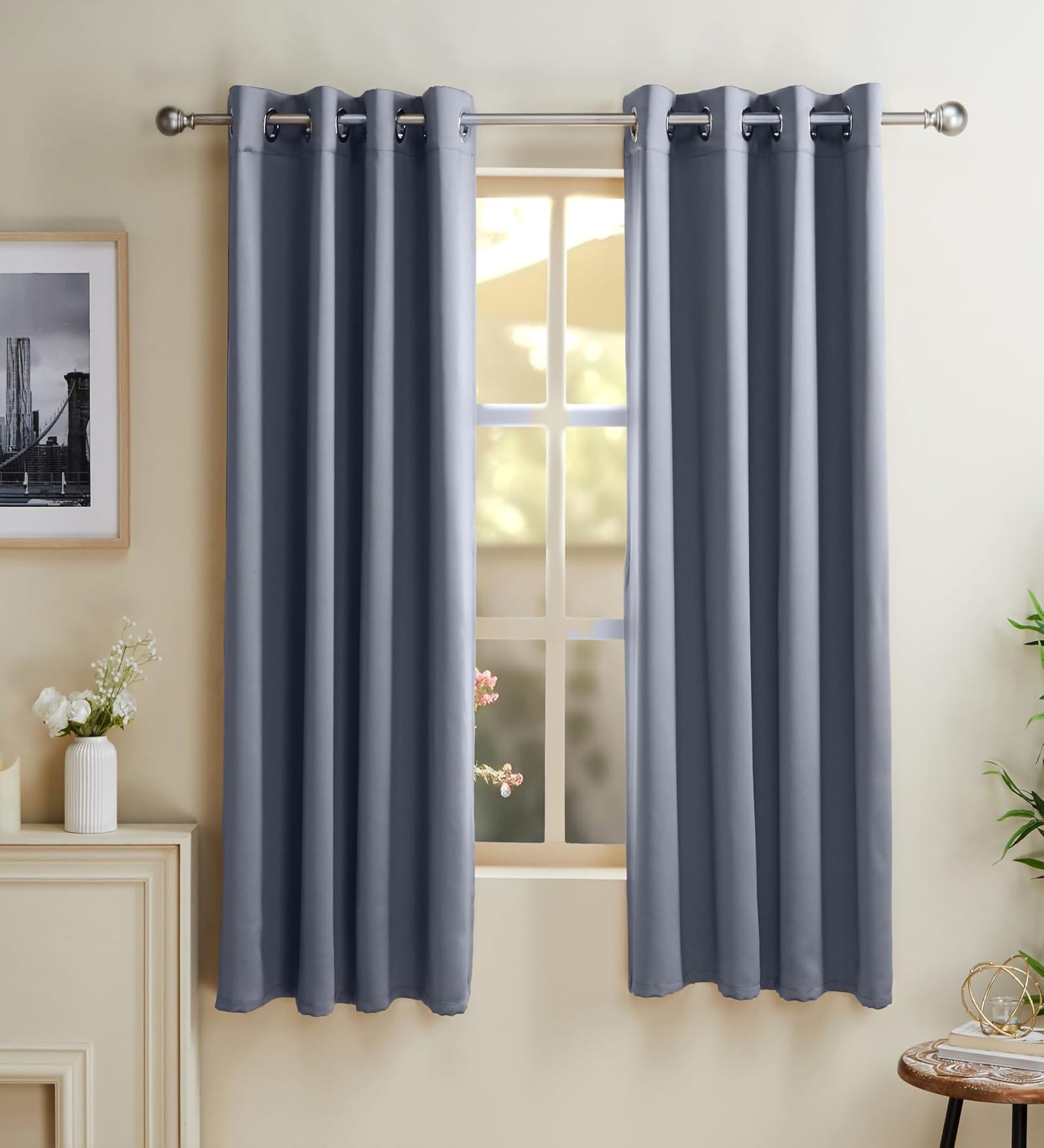 Grey Polyester Solid 5ft Blackout Eyelet Window Curtain (2 Pc)