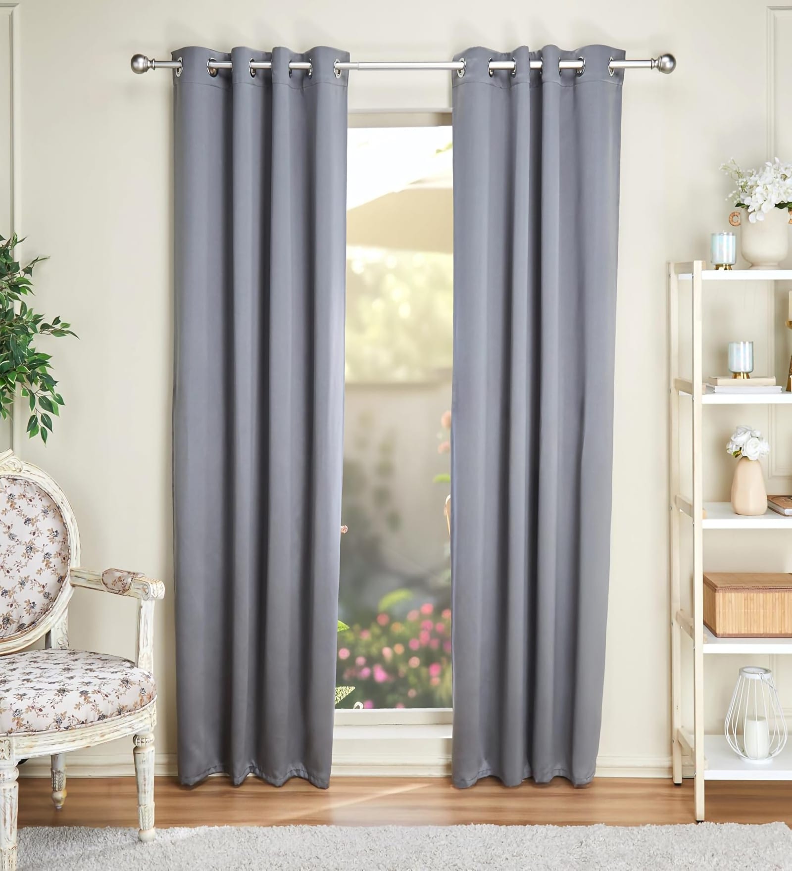 Grey Polyester Solid 7ft Blackout Eyelet Door Curtain (2 Pc)