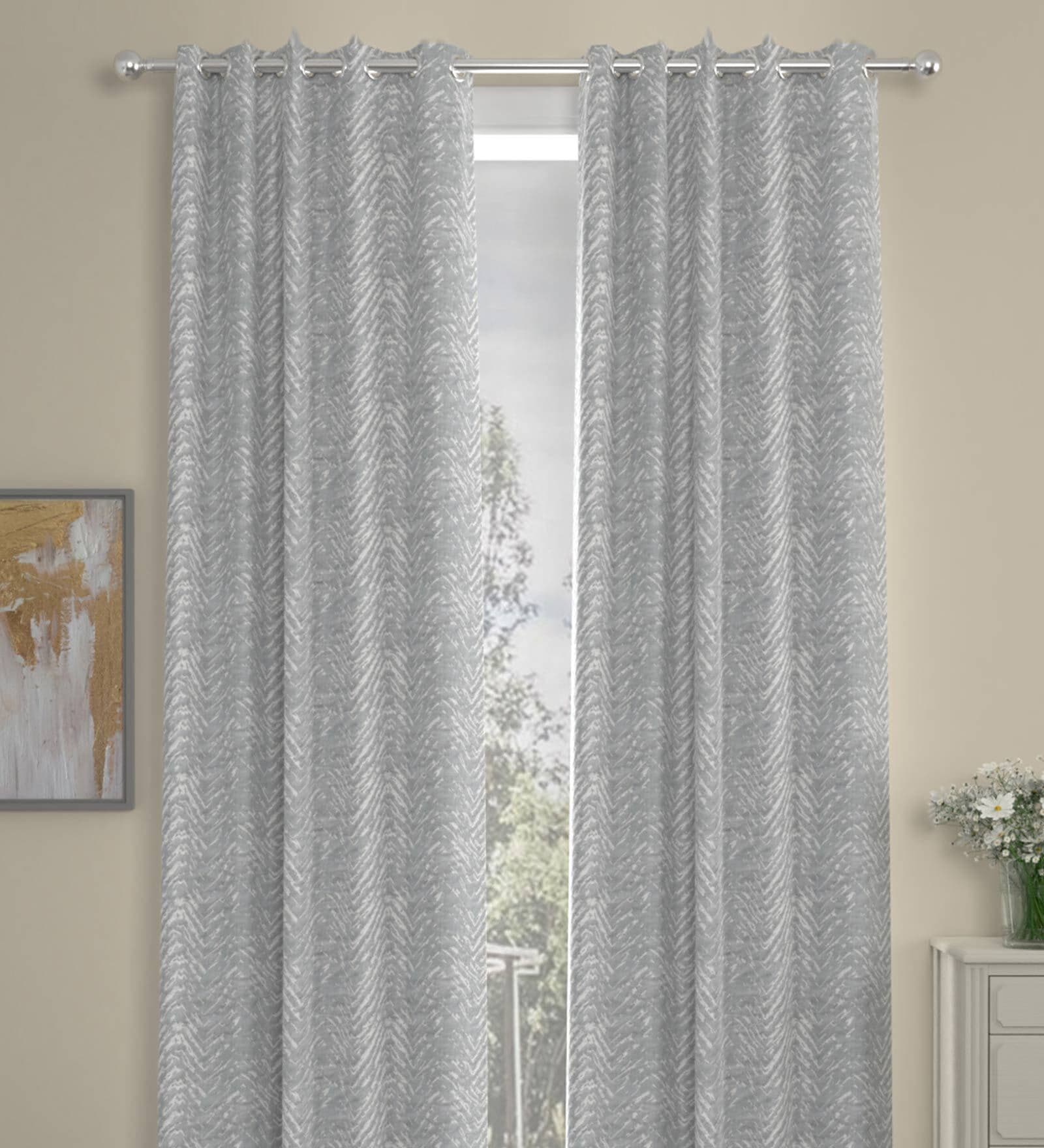 Grey Polyester Geometric 9 Ft Semisheer Eyelet 2 Door Curtains