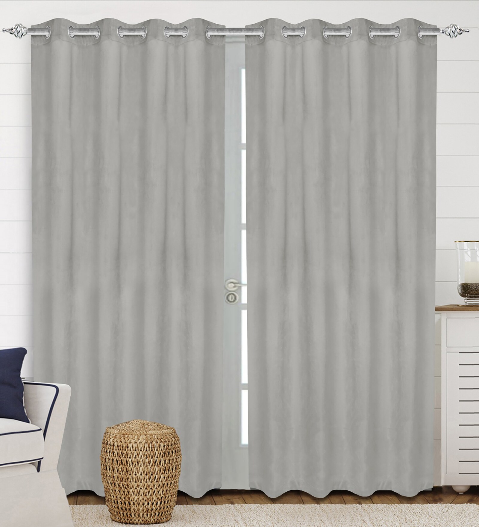 Grey Polyester Solid 9 ft Light Filtering Eyelet Door Curtain