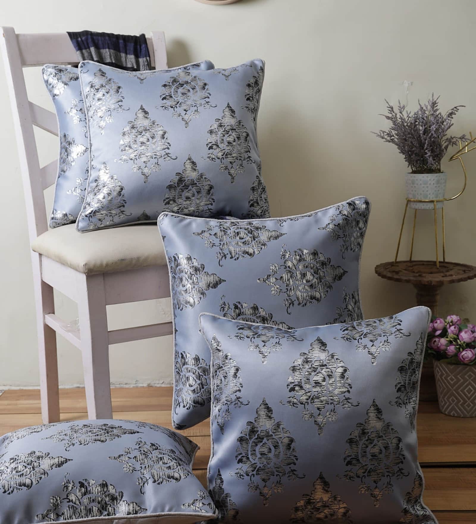 Grey Polyester Traditional 40x40 inches Cushion Covers Set of 5