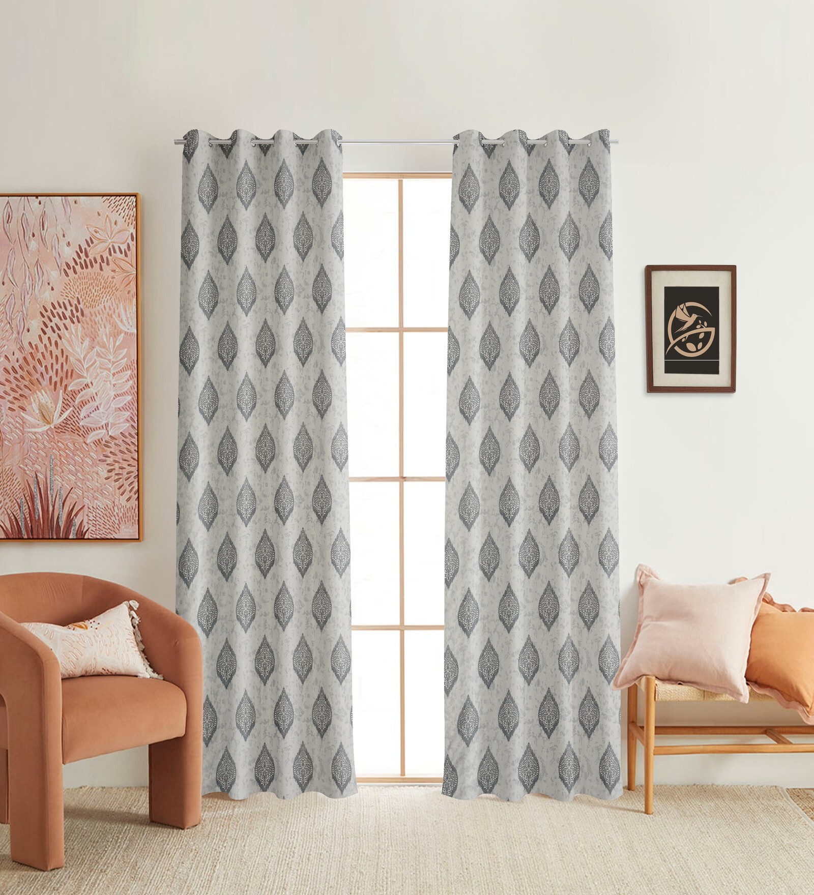 Grey Poleyster Camrin Leaves 7 Feet Semi Transperency Ring Top Door Curtains 2Pcs