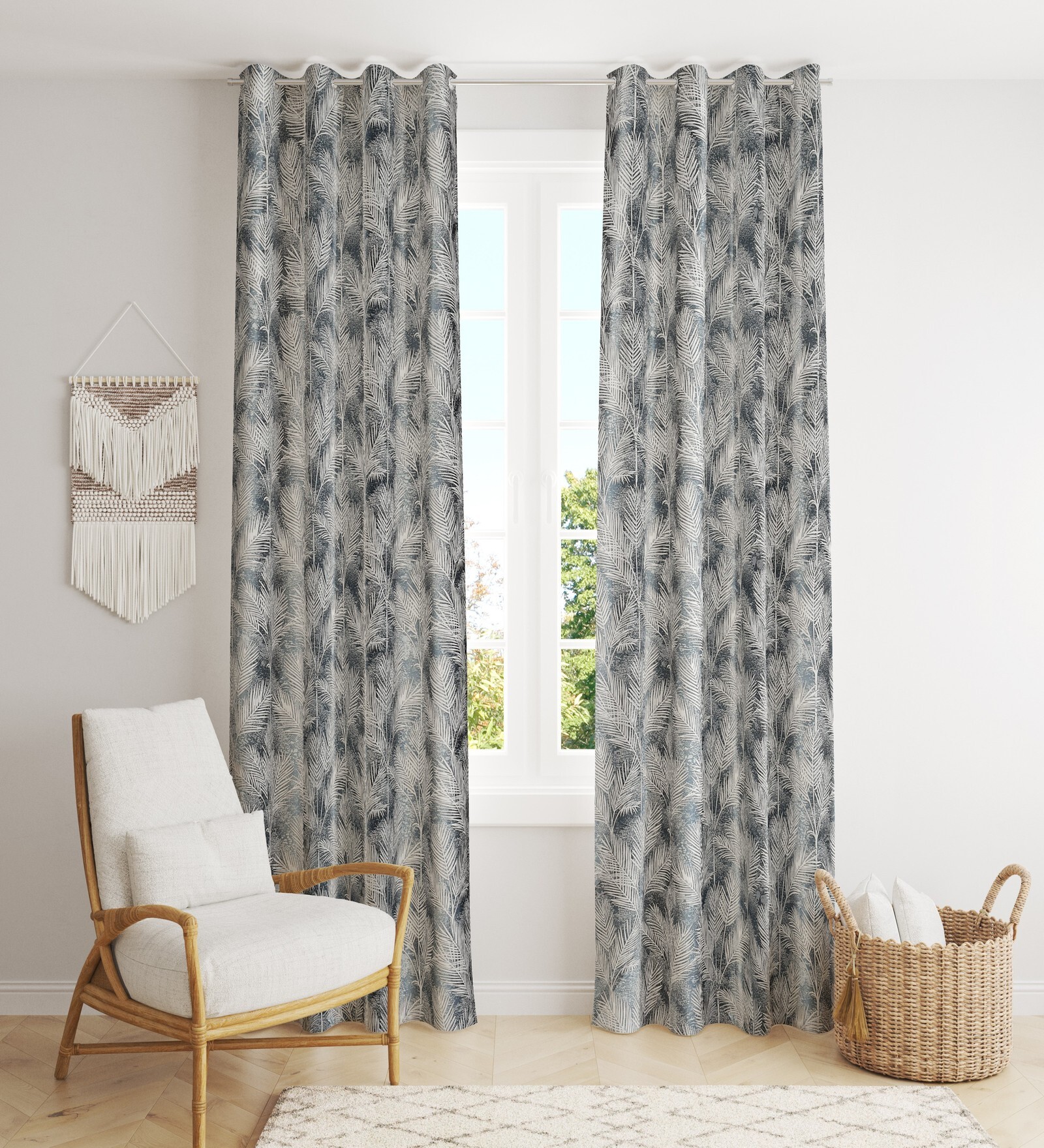 Grey Poleyster Camrin Leaves 7 Feet Semi Transperency Ring Top Door Curtains 2Pcs