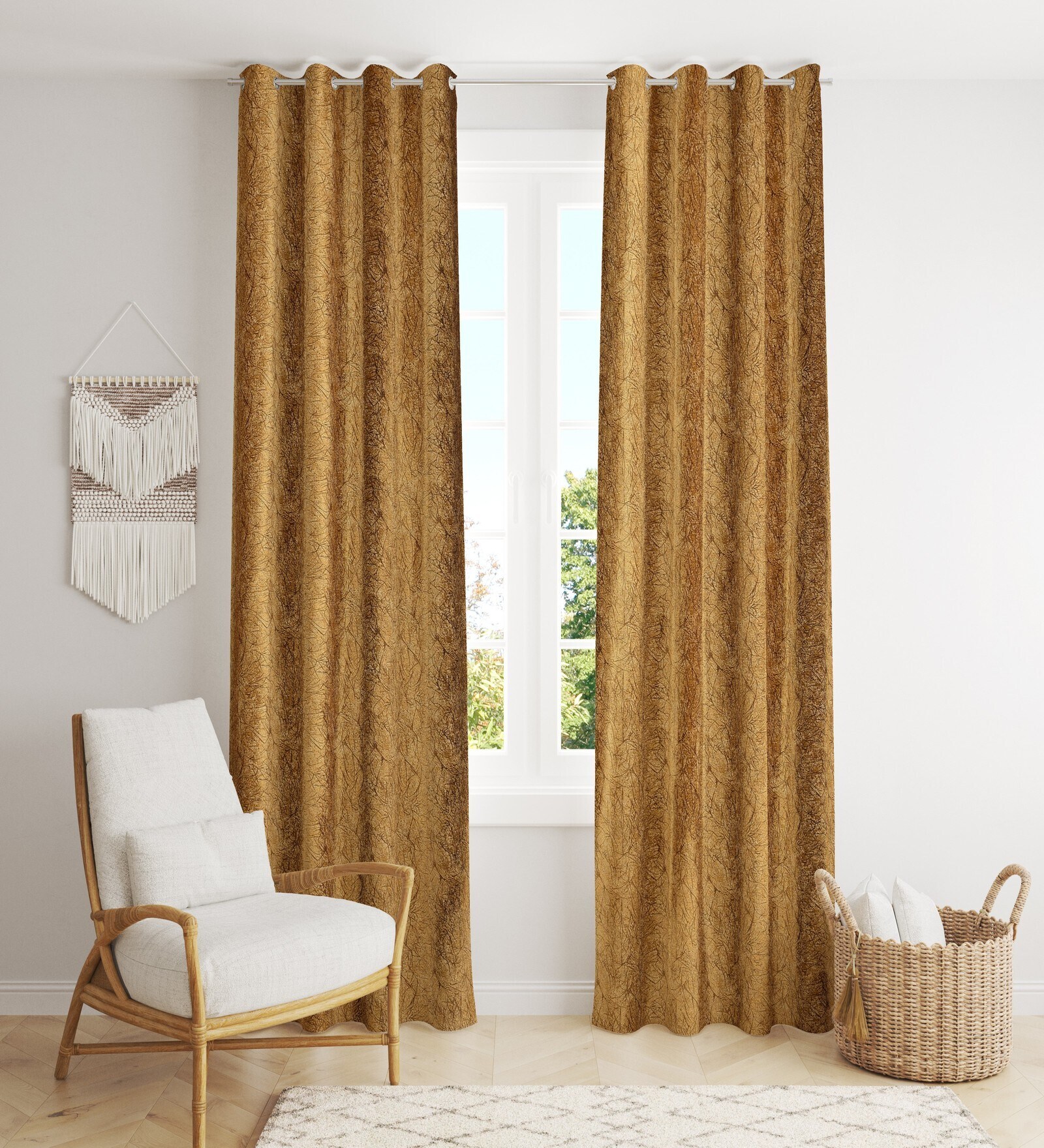 Golden Poleyster Camrin Leaves 9 Feet Semi Transperency Ring Top Long Door Curtains 2Pcs