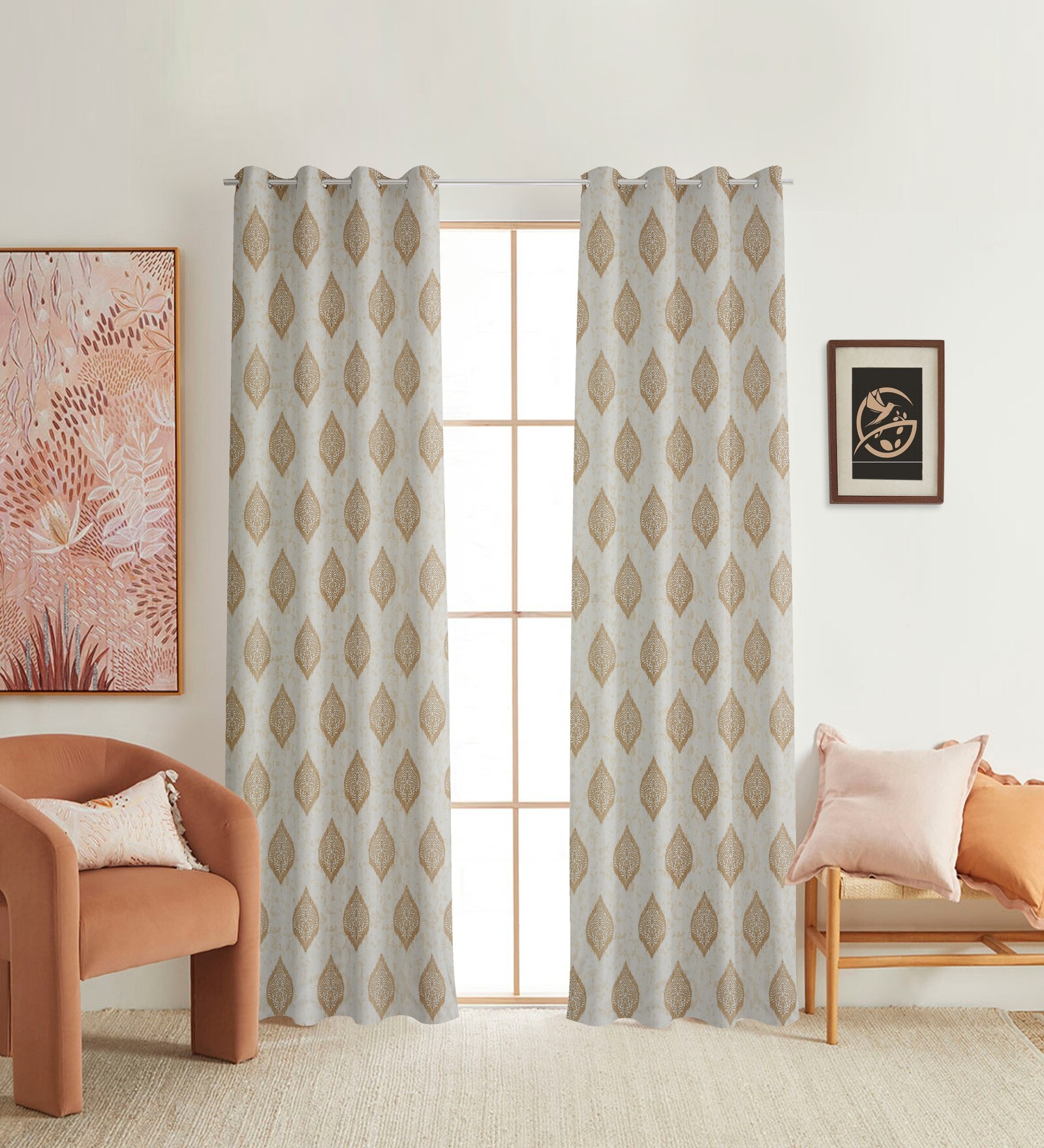 Beige Poleyster Camrin Leaves 9 Feet Semi Transperency Ring Top Long Door Curtains 2Pcs