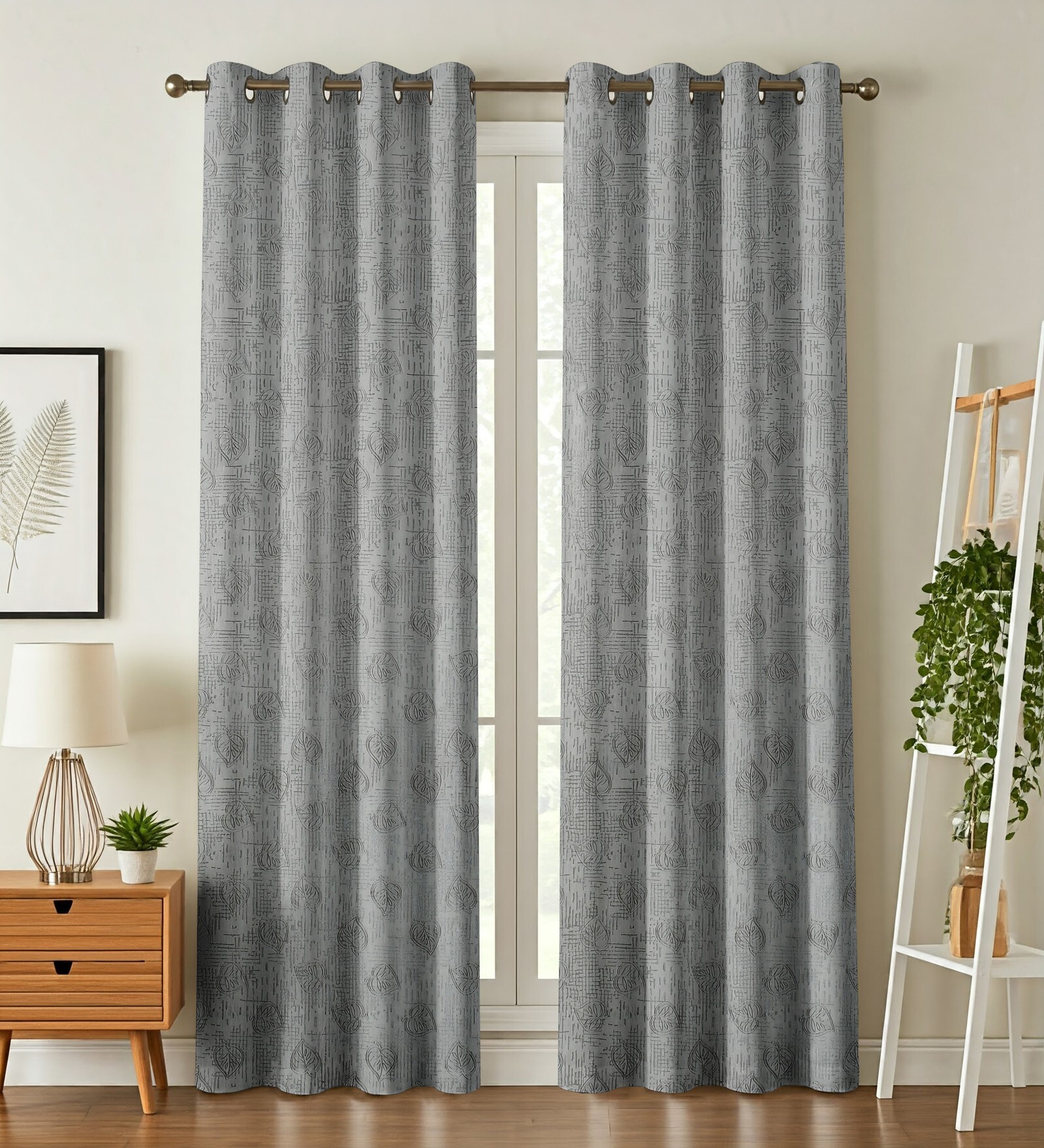 Grey Poleyster Floral 5 Feet Semi Transperency Ring Top Window Curtains 2Pcs