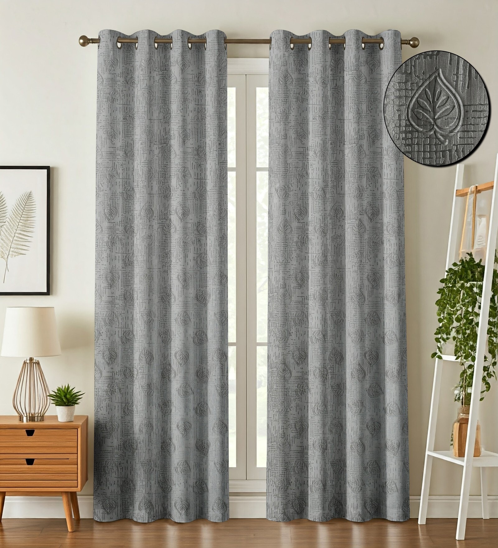 Grey Poleyster Floral 9 Feet Semi Transperency Ring Top Long Door Curtains 2Pcs