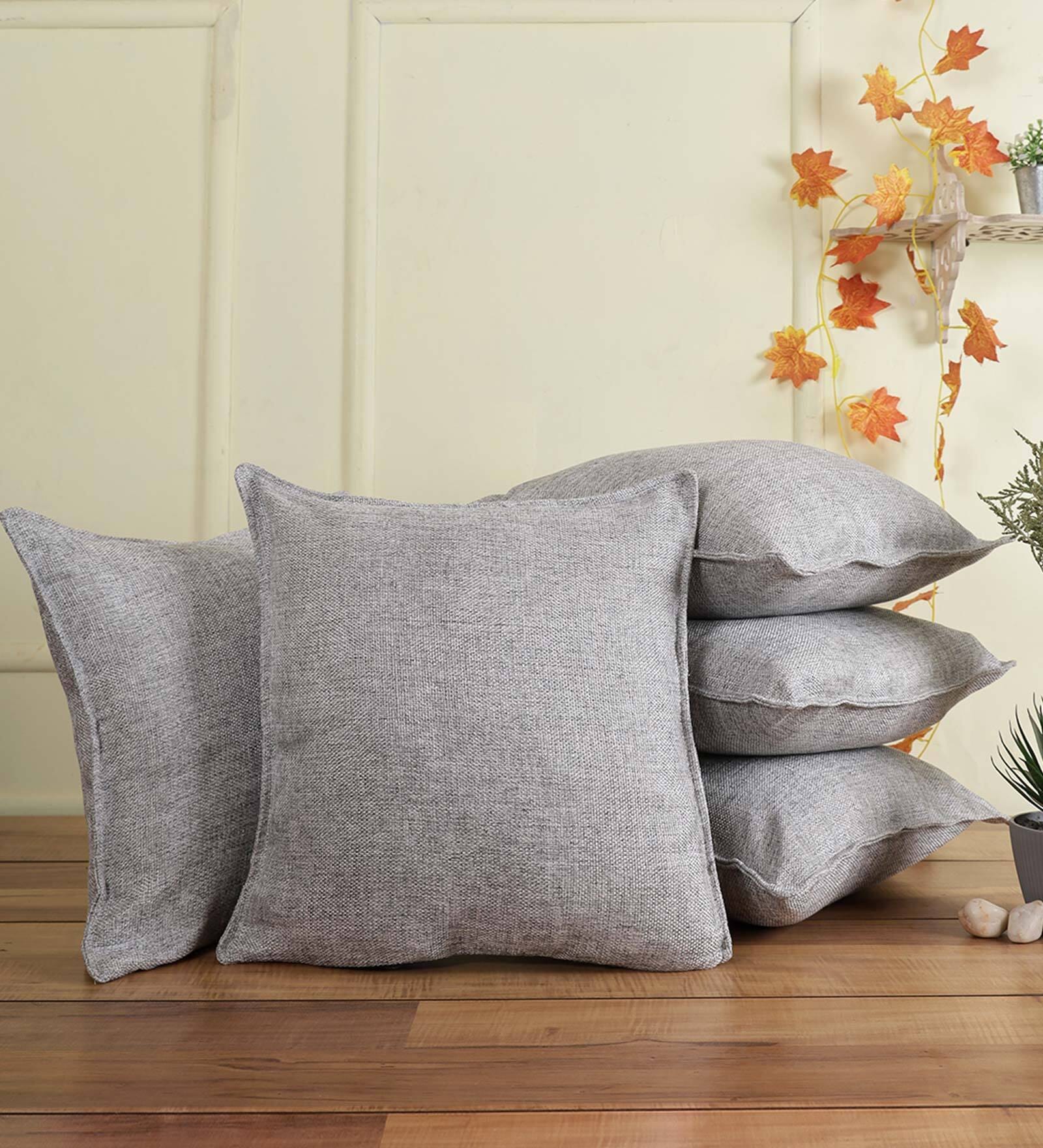 Grey Solid Jute 16 x 16 Inches Cushion Covers (Set of 5)