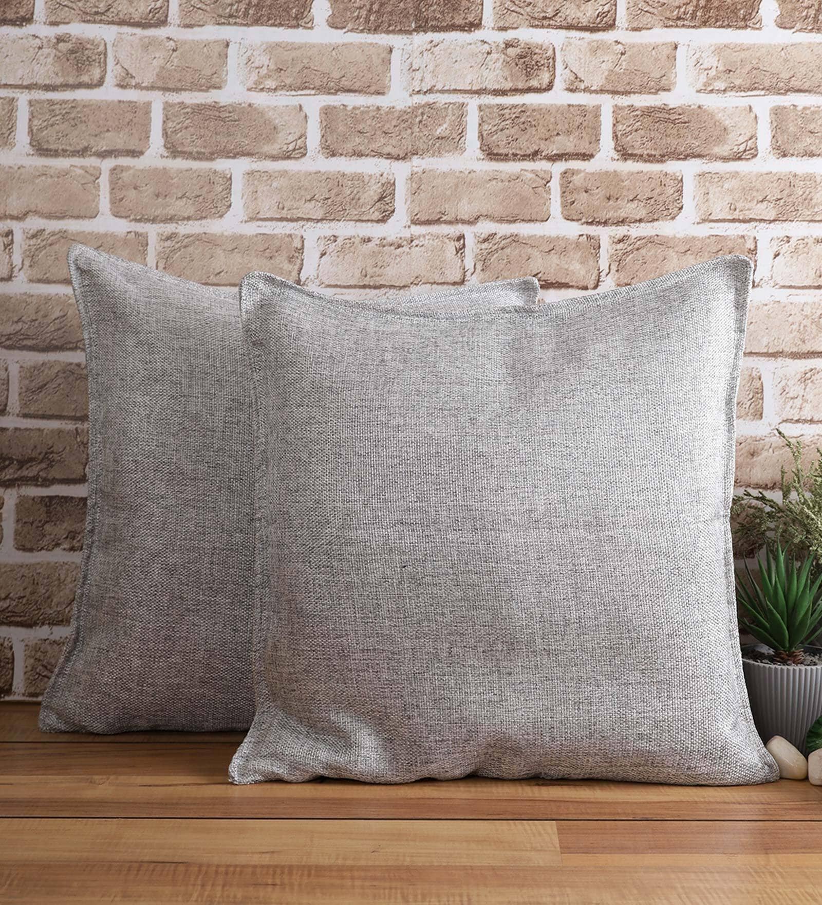 Grey Solid Jute 18 x 18 Inches Cushion Covers (Set of 2)