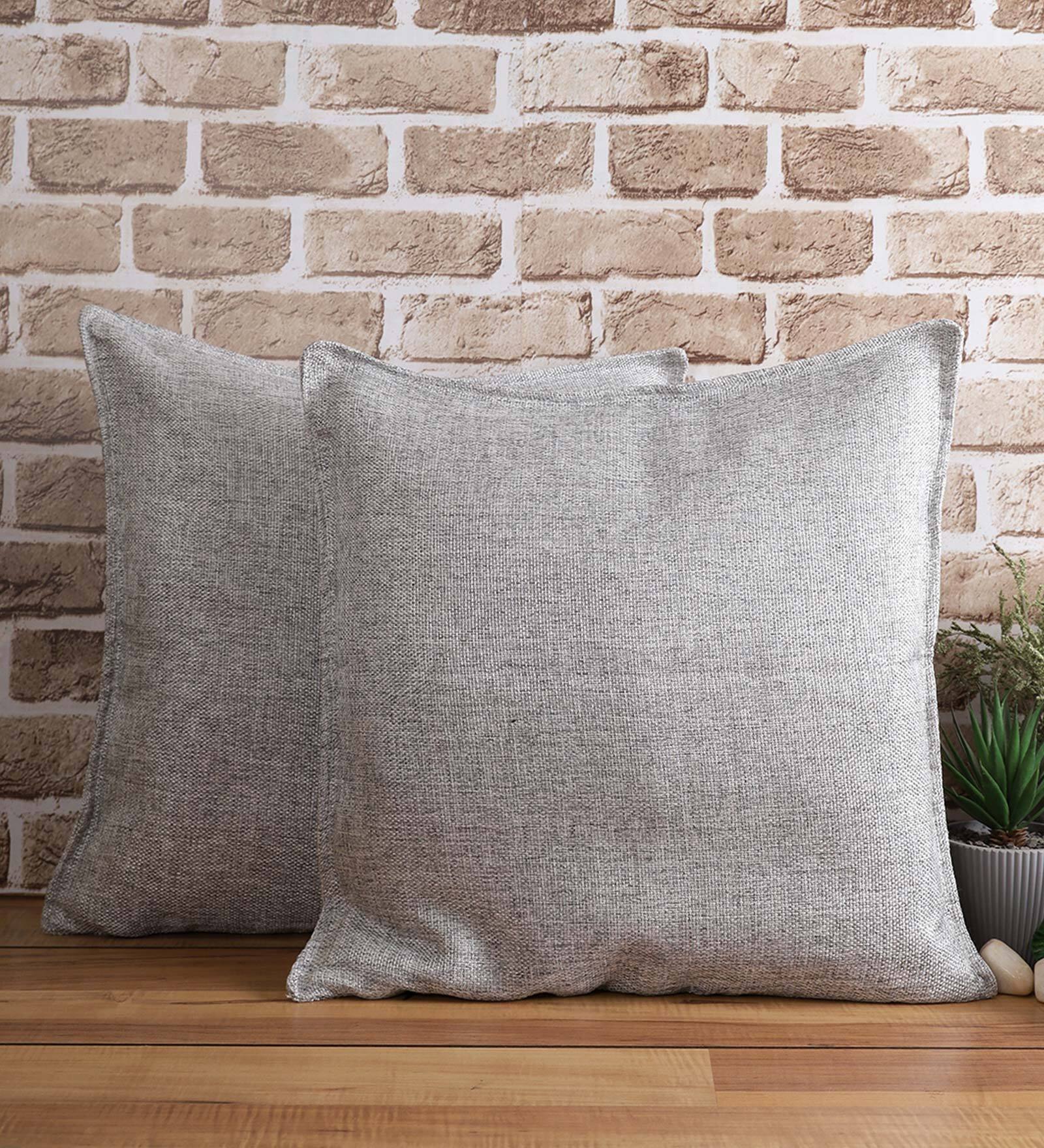 Grey Solid Jute 24 x 24 Inches Cushion Covers (Set of 2)