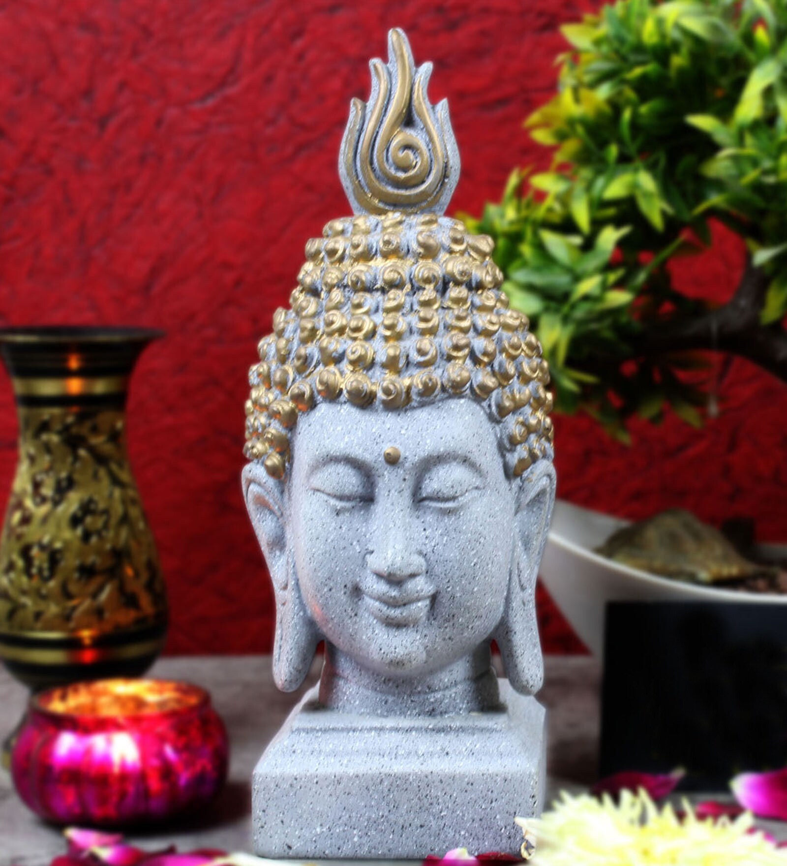 Grey Resin Indian Buddha Head Idol