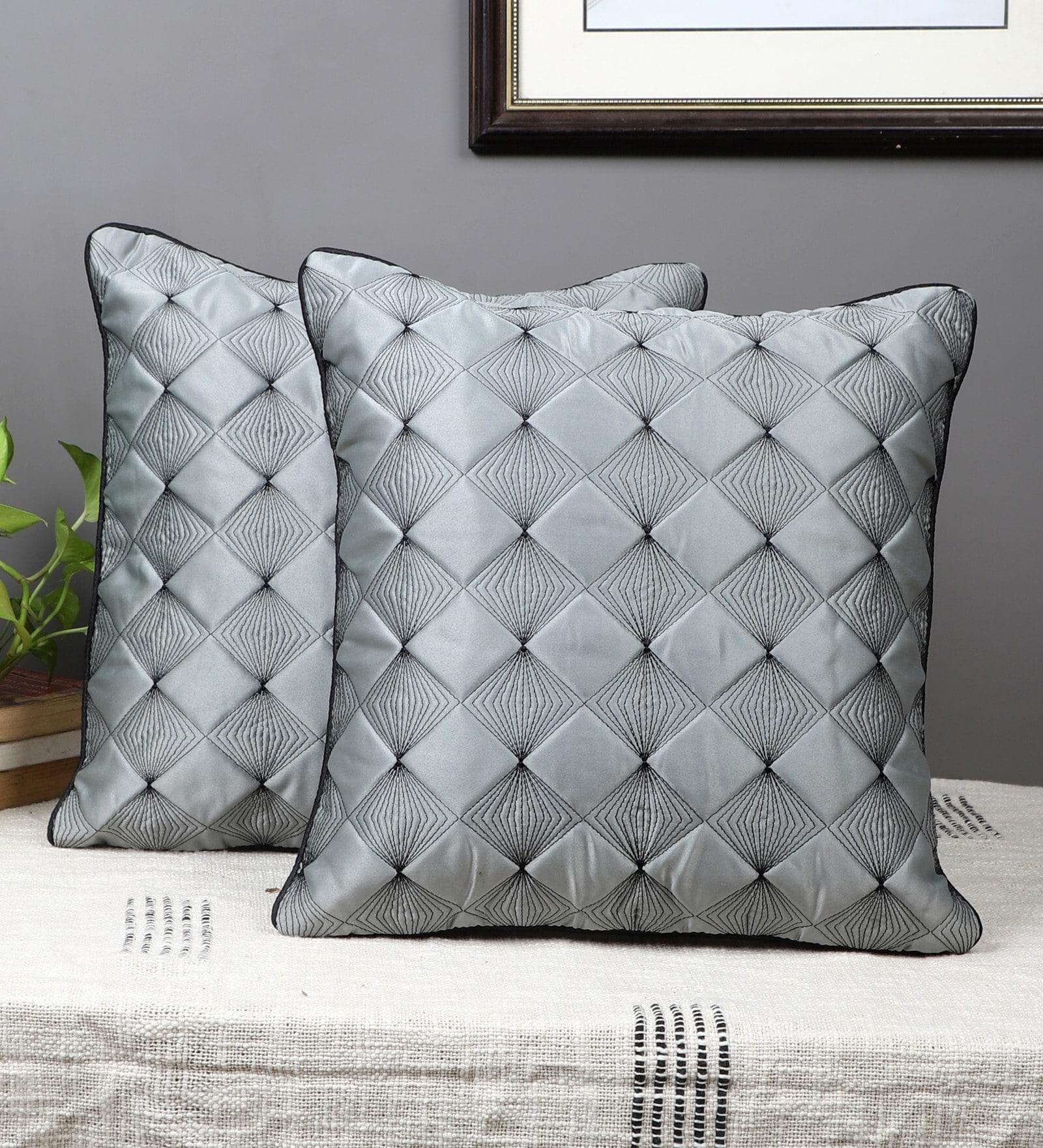 Grey Satin Abstract 16x16 inches Cushion Covers (Pack of 2)