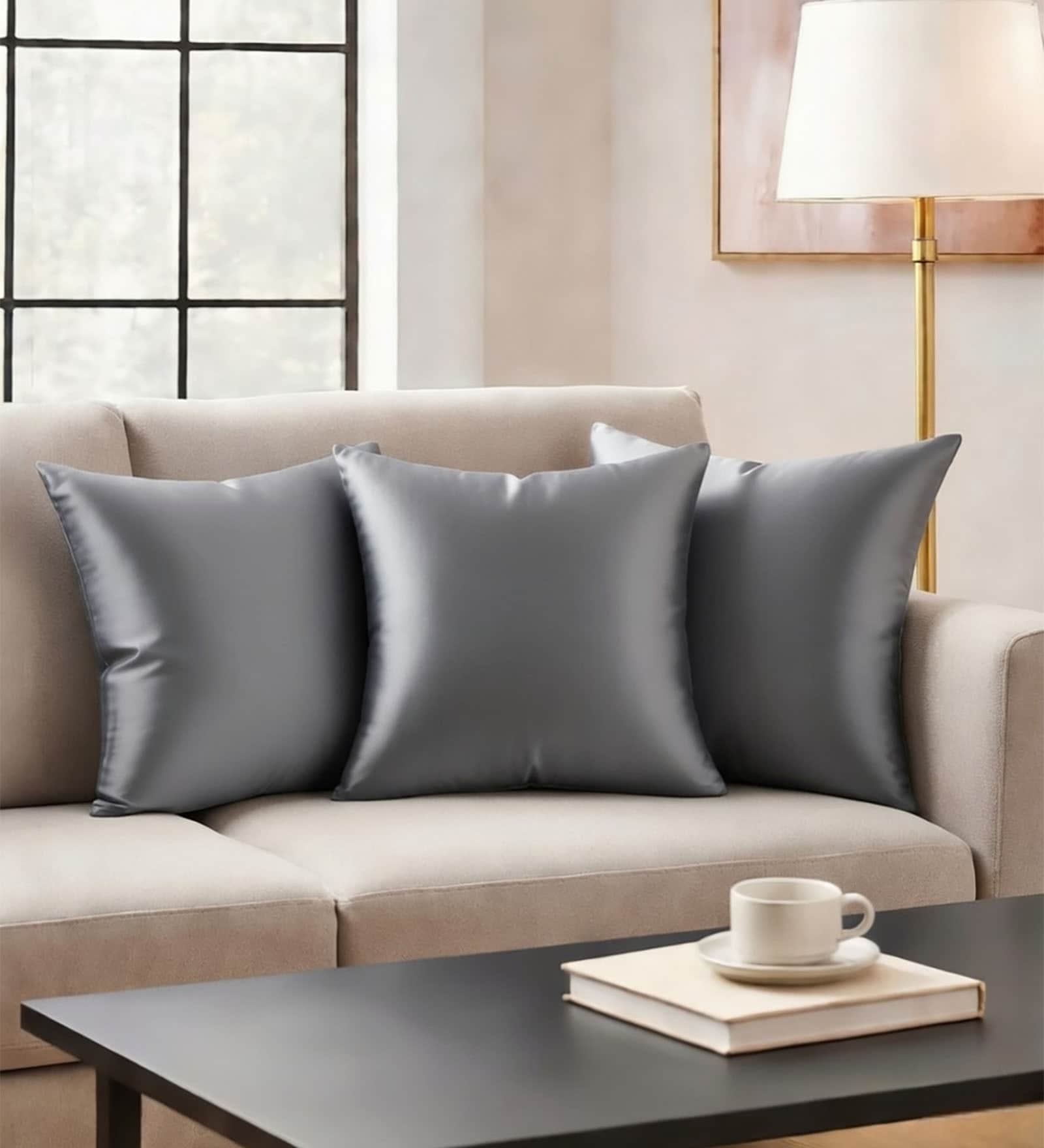 Grey Satin Solid 40x40 inches Cushion Covers Set of 3