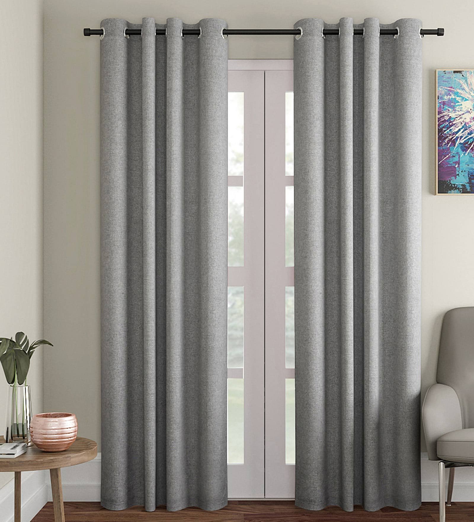 Grey Solid Jute 7 Ft Light Filtering Eyelet Door Curtain