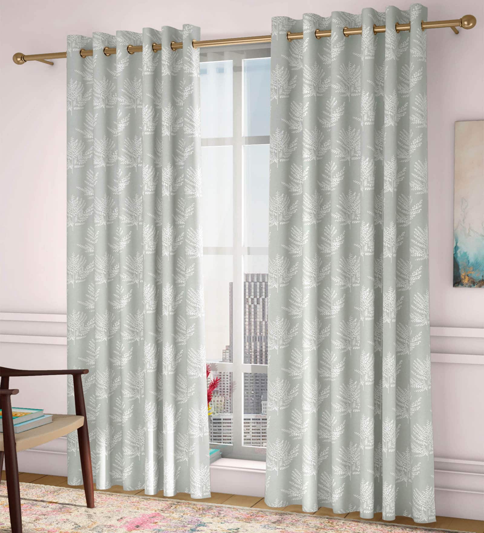 Grey Floral Poly Cotton 5 Ft Light Filtering Eyelet Window Curtains (Set of 2)