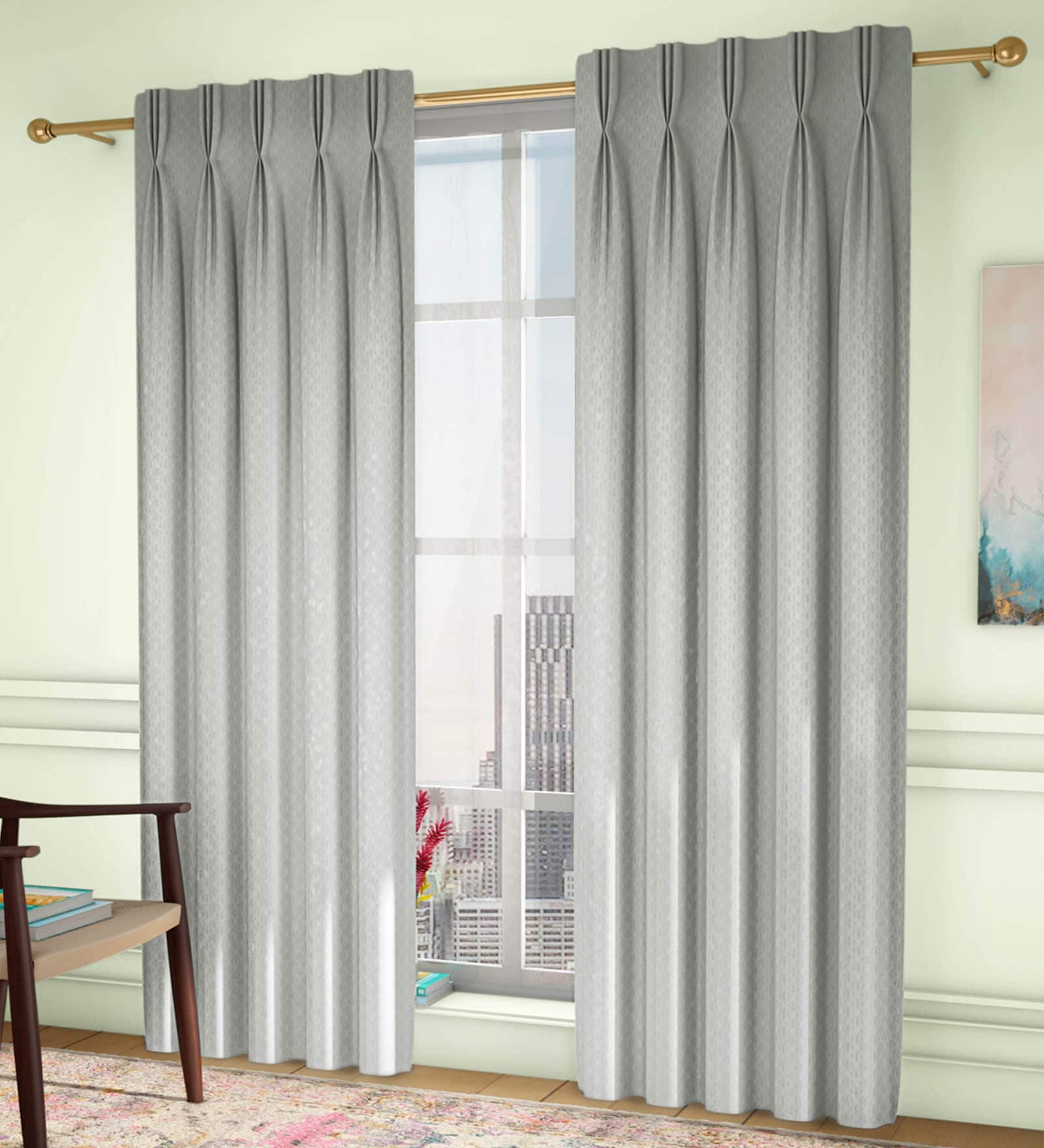 Grey Geometric Poly Cotton 7 Ft Light Filtering Pinch Pleat Door Curtains (Set of 2) Grey Geometric Poly Cotton 7 Ft Light Filtering Pinch Pleat Door Curtains (Set of 2)