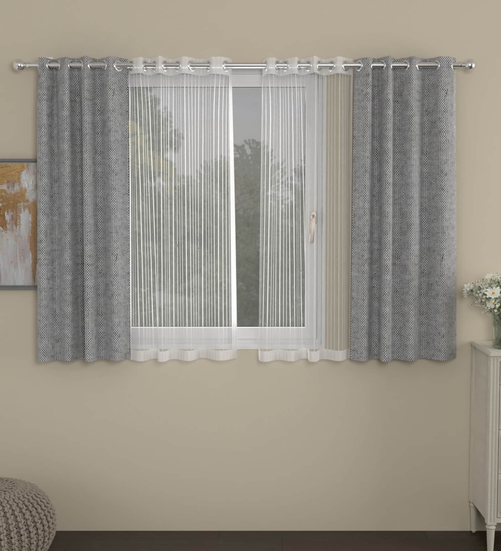 Grey Solid Poly Cotton 5 Ft Semisheer Eyelet Window Curtains (Set of 4)
