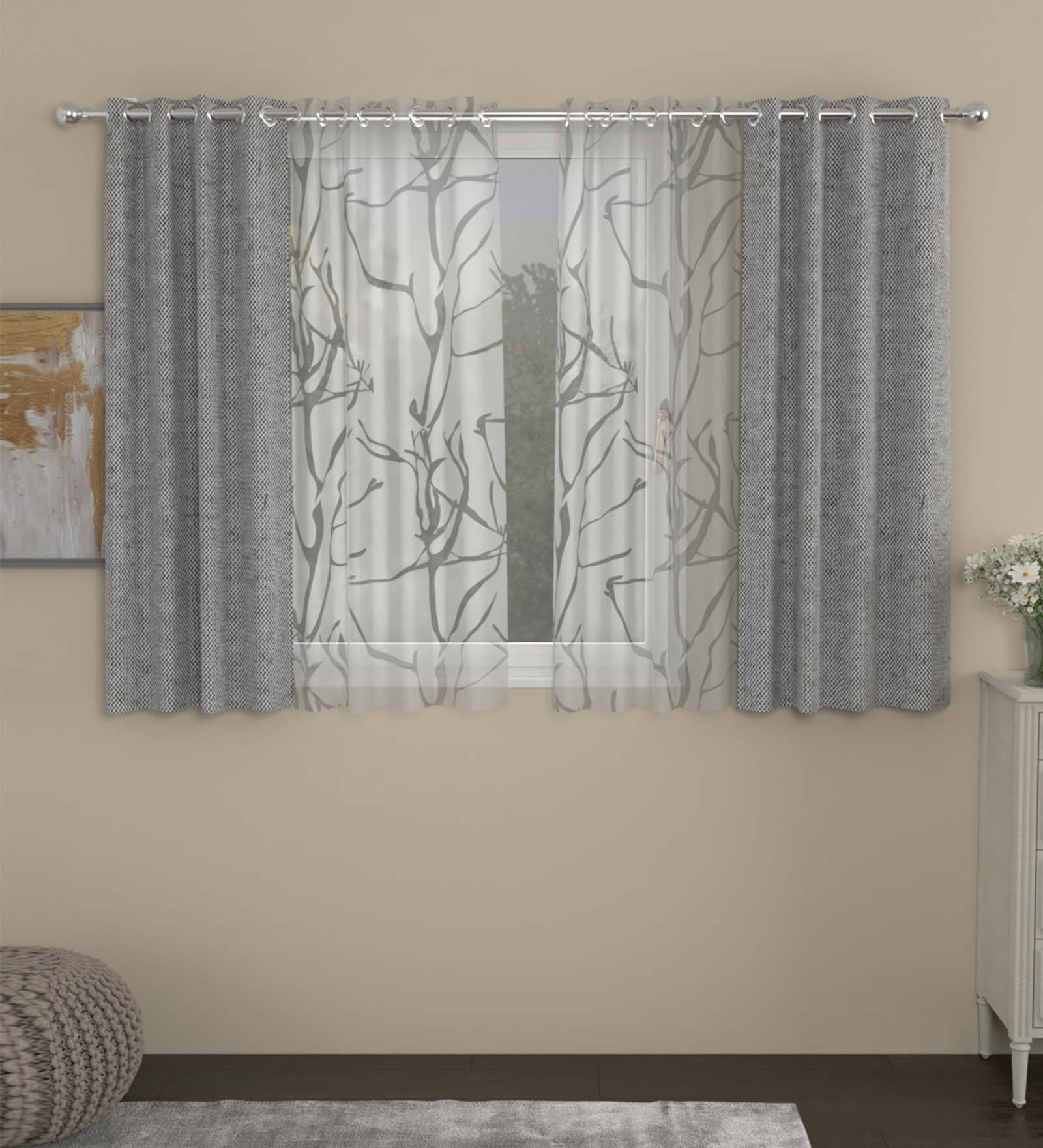 Grey Solid Poly Cotton 5 Ft Semisheer Eyelet Window Curtains (Set of 4)