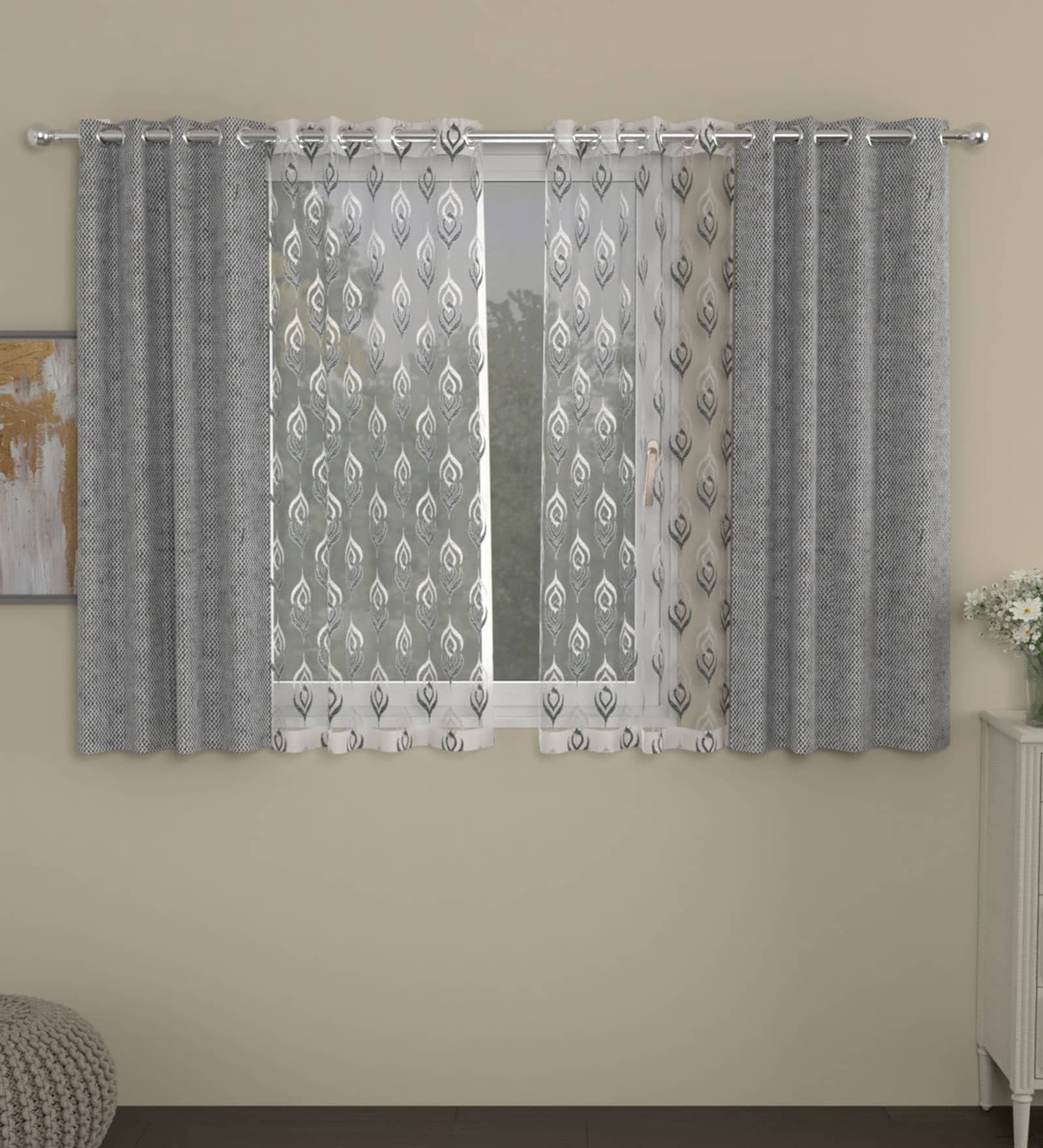 Grey Polycotton Traditional 5ft Semisheer Eyelet 4 Pcs Window Curtains