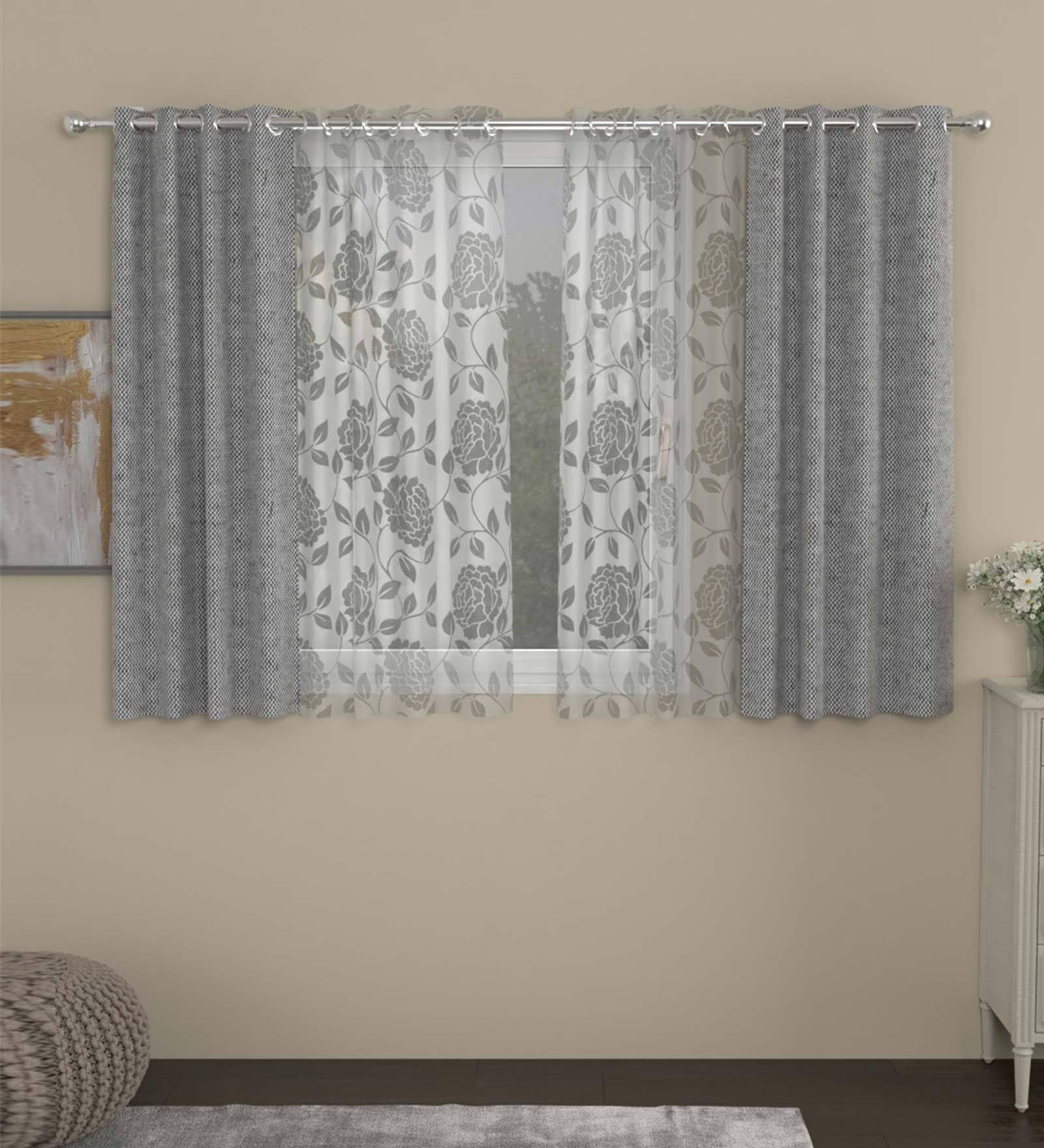 Grey Floral Poly Cotton 5 Ft Semisheer Eyelet Window Curtains (Set of 4)