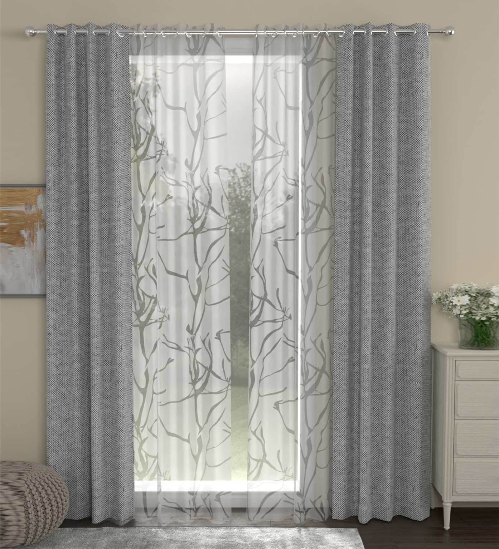Grey Solid Poly Cotton 7 Ft Semisheer Eyelet Door Curtains (Set of 4)
