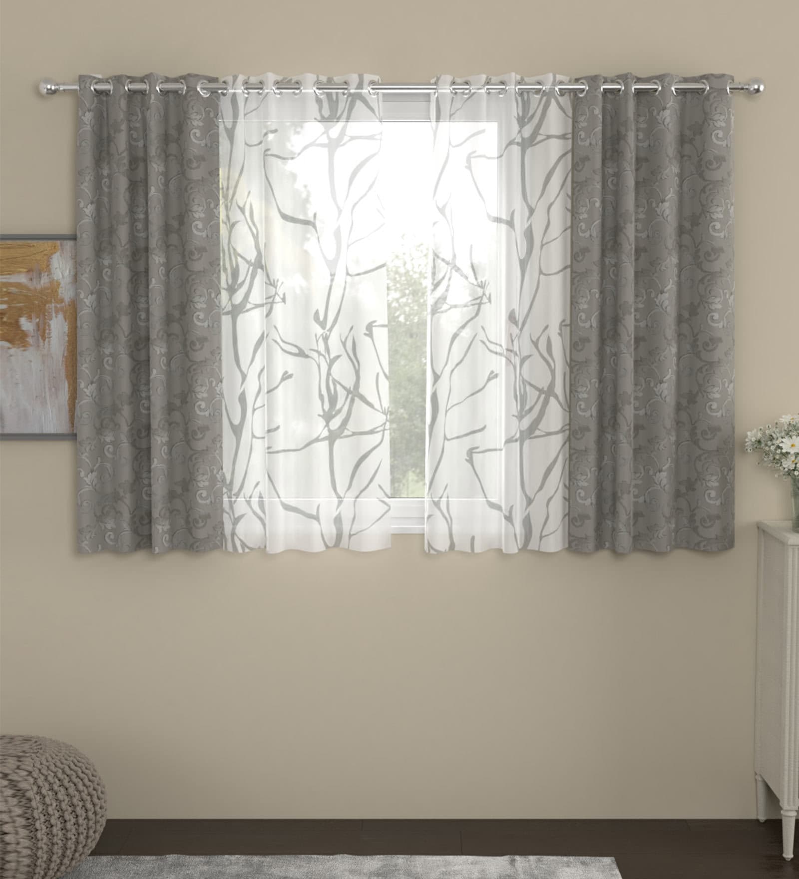 Grey Polyester Traditional 5ft Semisheer Eyelet 4 Pcs Window Curtains