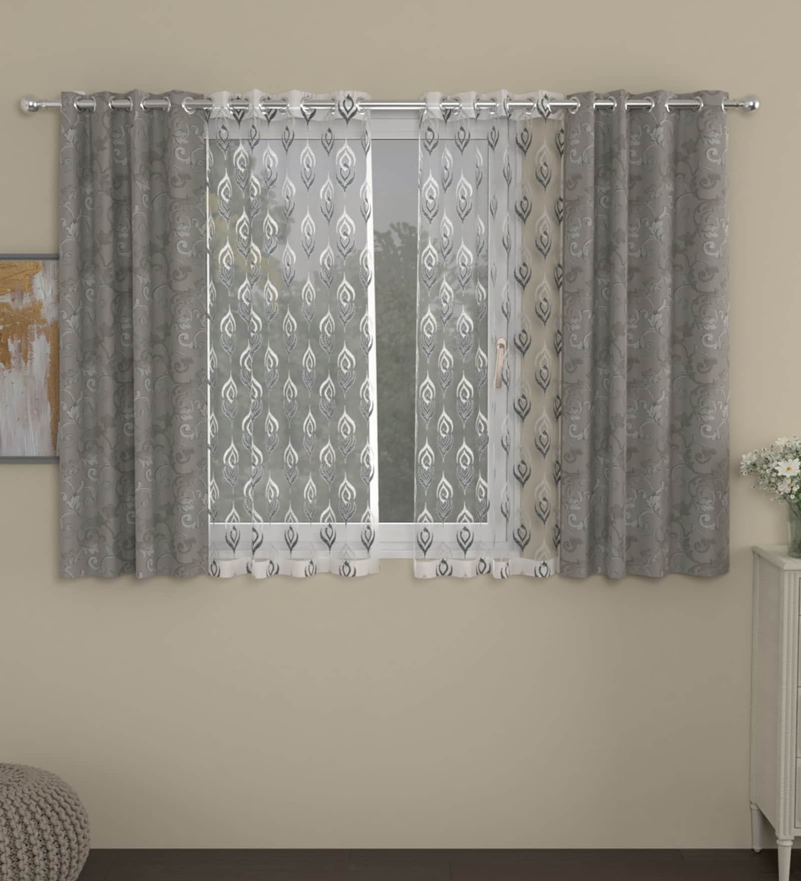 Grey Floral Polyester 5 Ft Semisheer Eyelet Window Curtains (Set of 4)