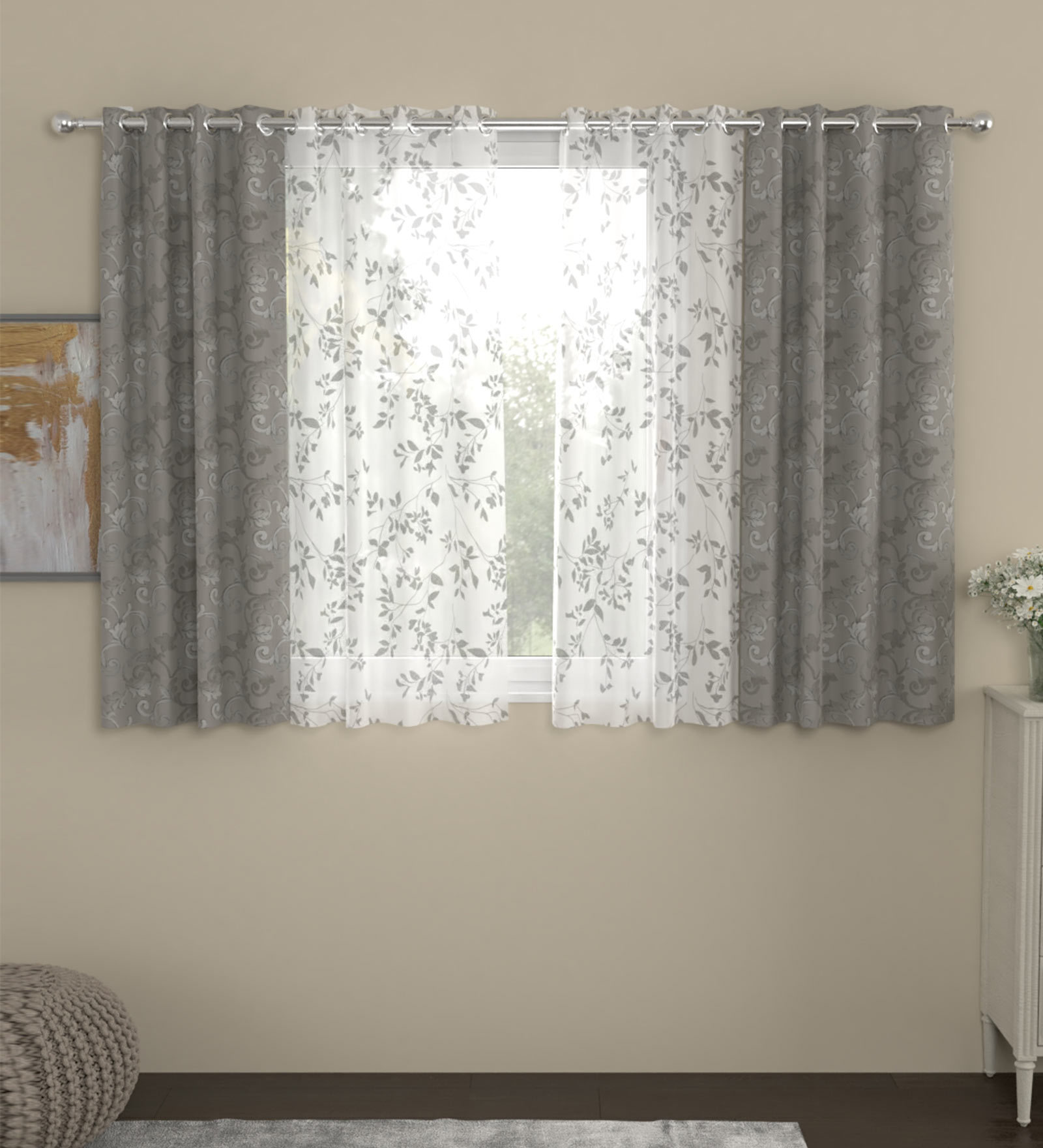 Grey Semisheer Polyester 5 Feet Eyelet Set of 4 Curtains