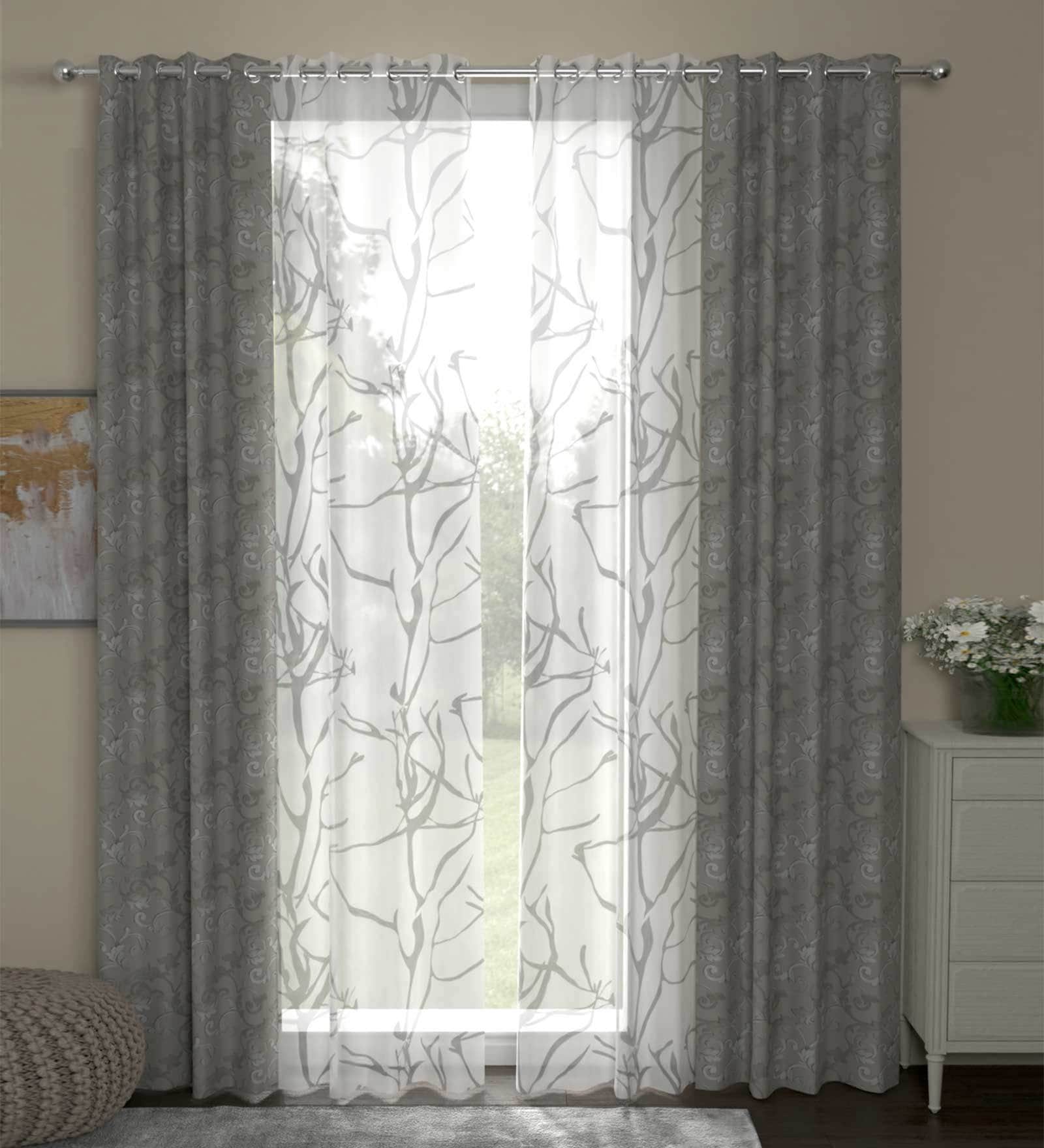 Grey Traditional Polyester 7 Ft Semisheer Eyelet Door Curtains (Set of 4)