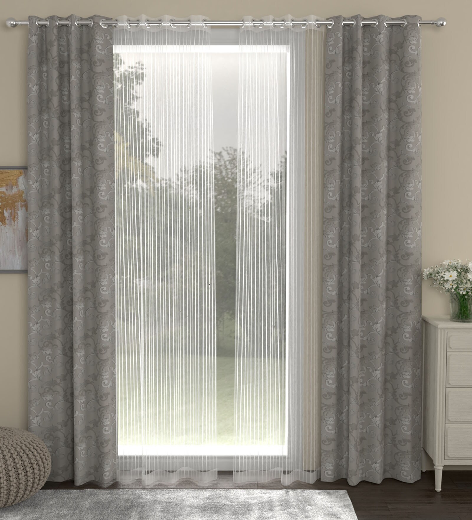 Grey Traditional Polyester 7 Ft Semisheer Eyelet Door Curtains (Set of 4)