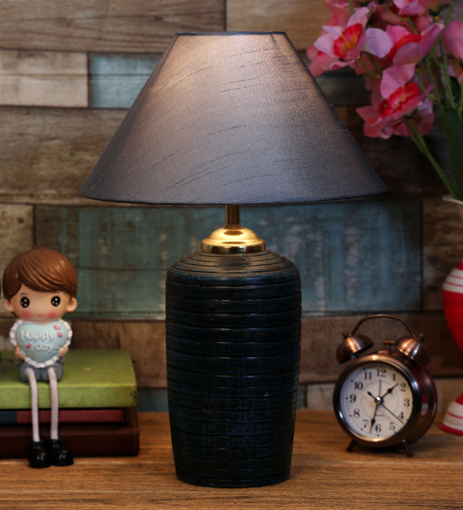 Grey Shade Table Lamp With Terracotta Base