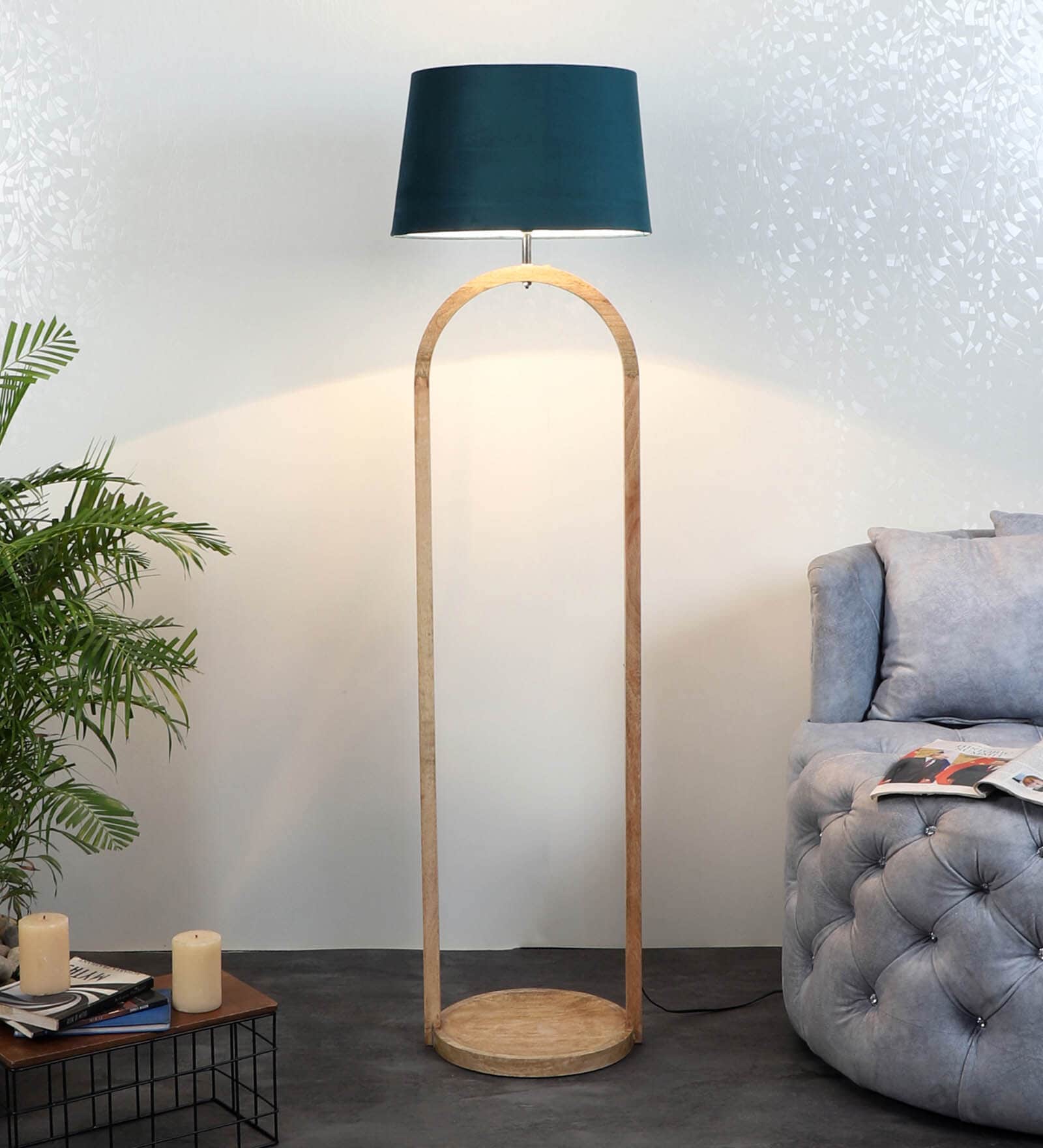 Vrikshya Grey Iron Shade Club Floor Lamp With Wood Base