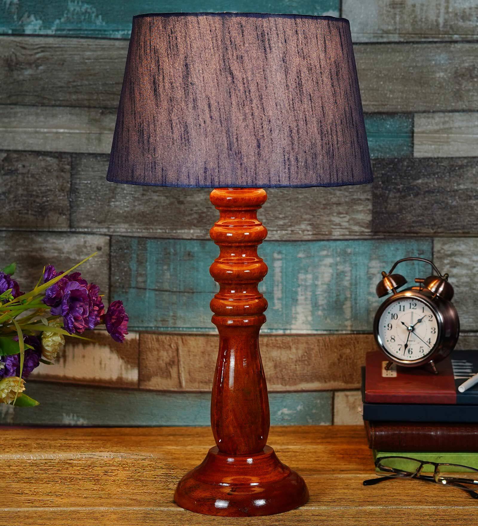 Kardish Grey Fabric Shade Night Lamp With Wood Base