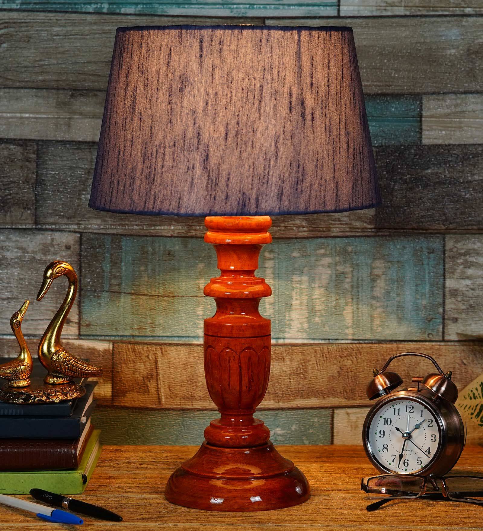 Syra Grey Fabric Shade Night Lamp With Wood Base