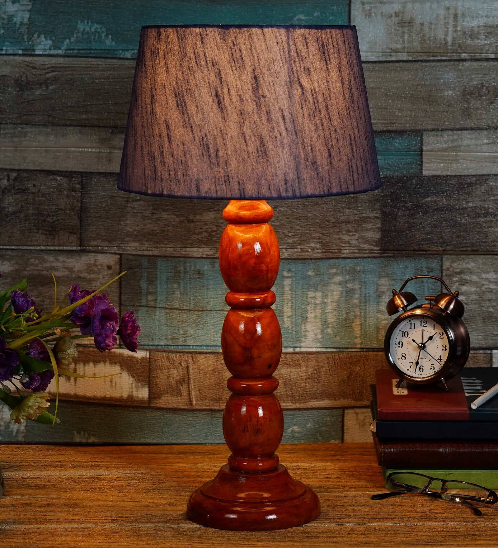 Lyon Grey Fabric Shade Night Lamp With Wood Base