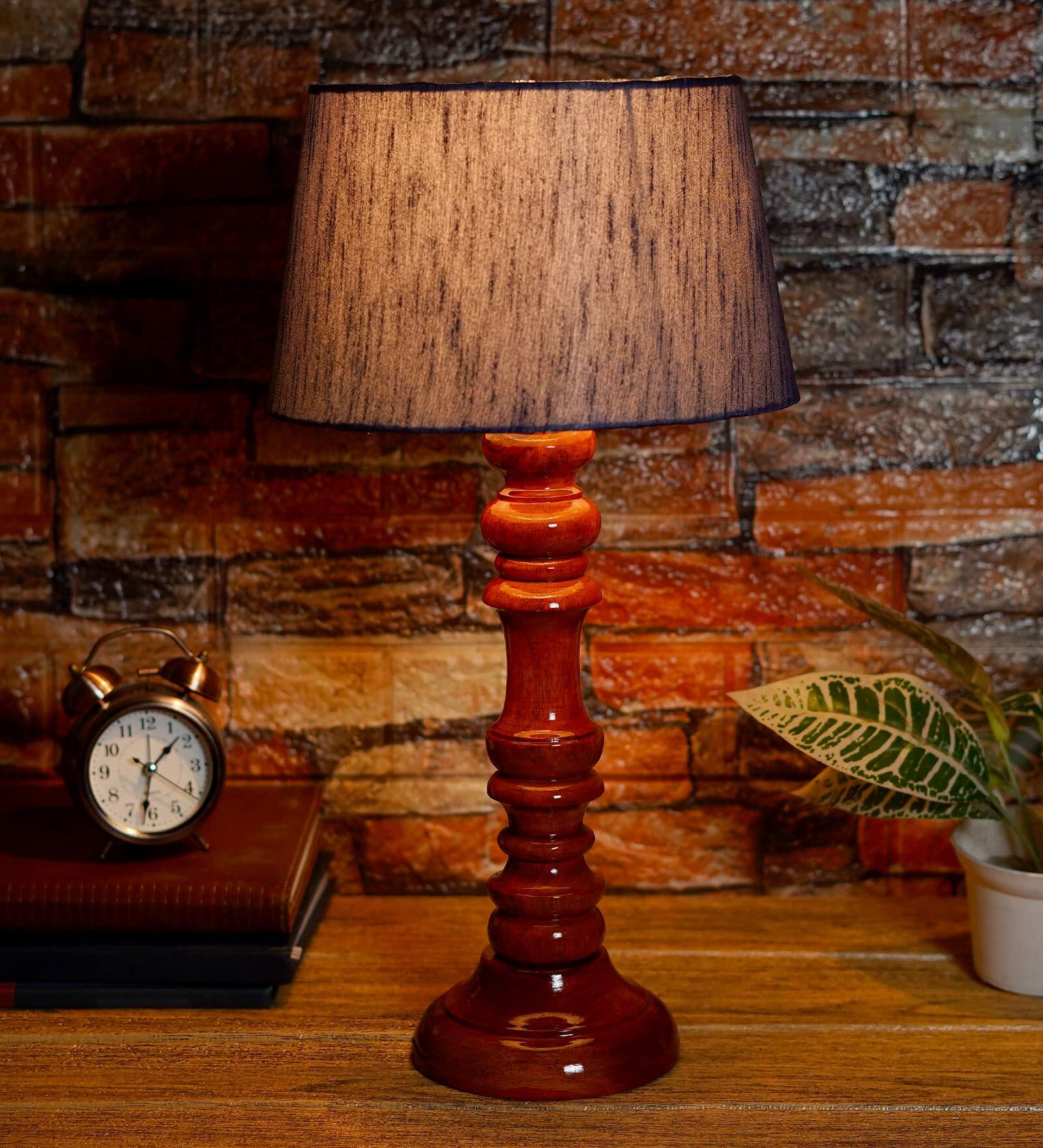 Bow Grey Fabric Shade Night Lamp With Wood Base