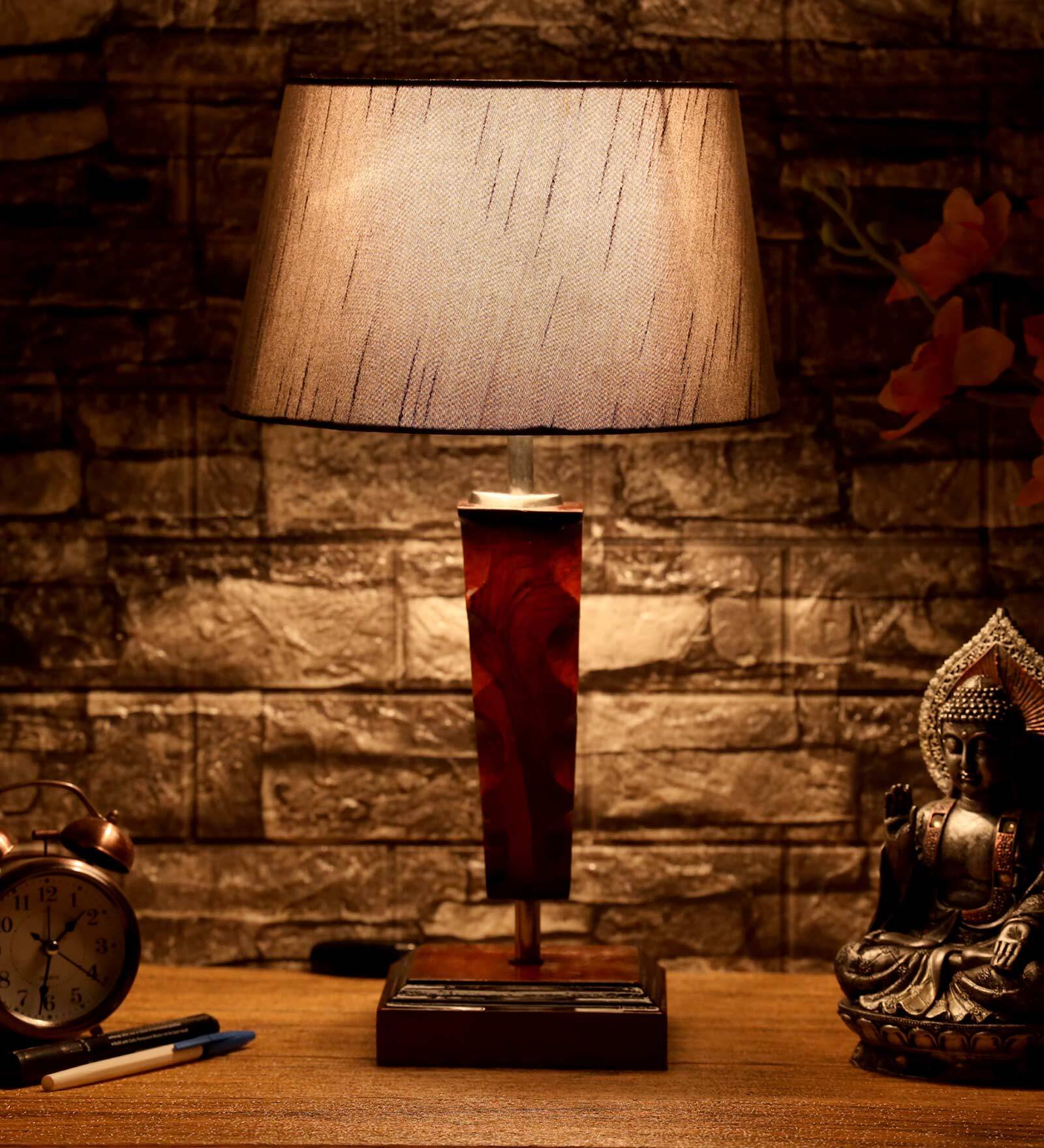 Paola Grey Fabric Shade Night Lamp With Wood Base