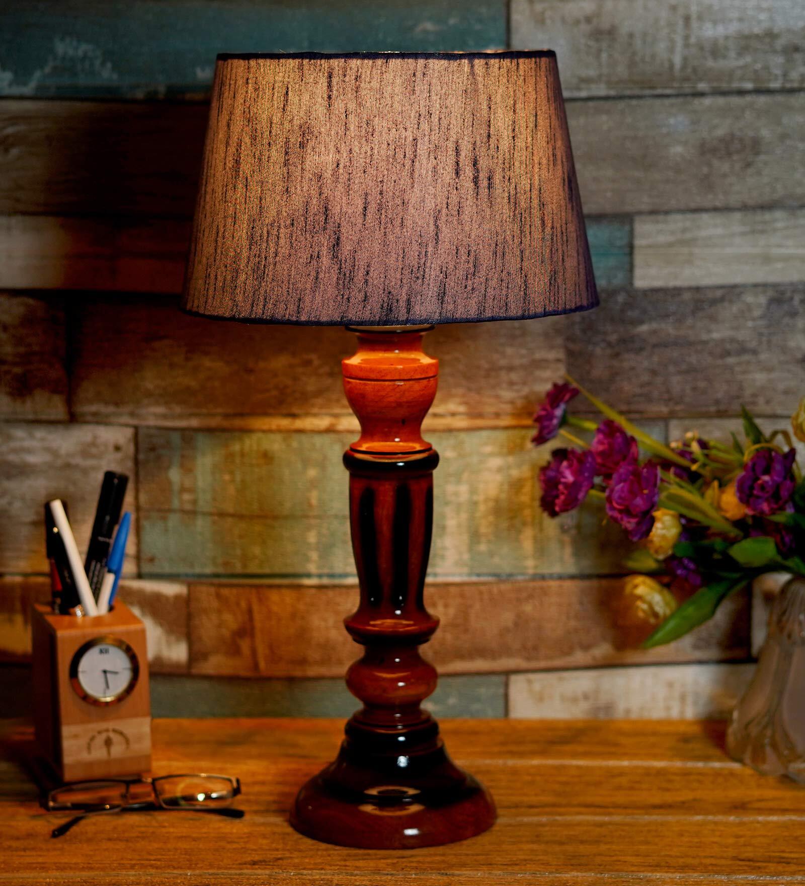 Crisanto Grey Fabric Shade Night Lamp With Wood Base