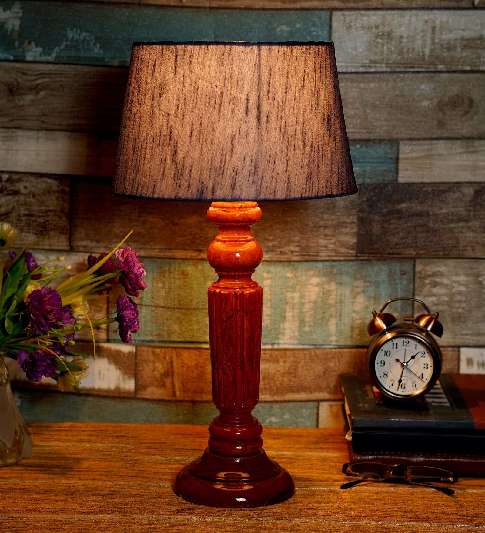 Hubble Grey Fabric Shade Night Lamp With Wood Base
