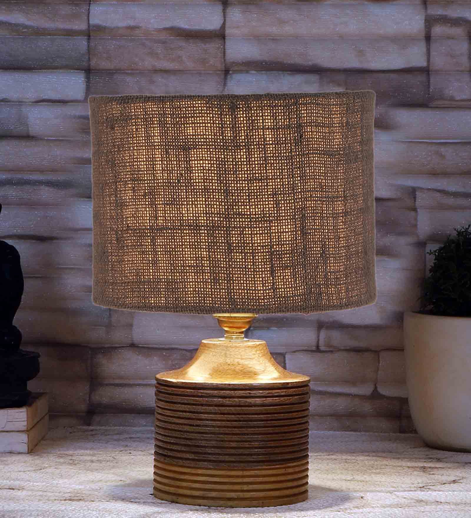 Grey Shade Table Lamp With Wood Base