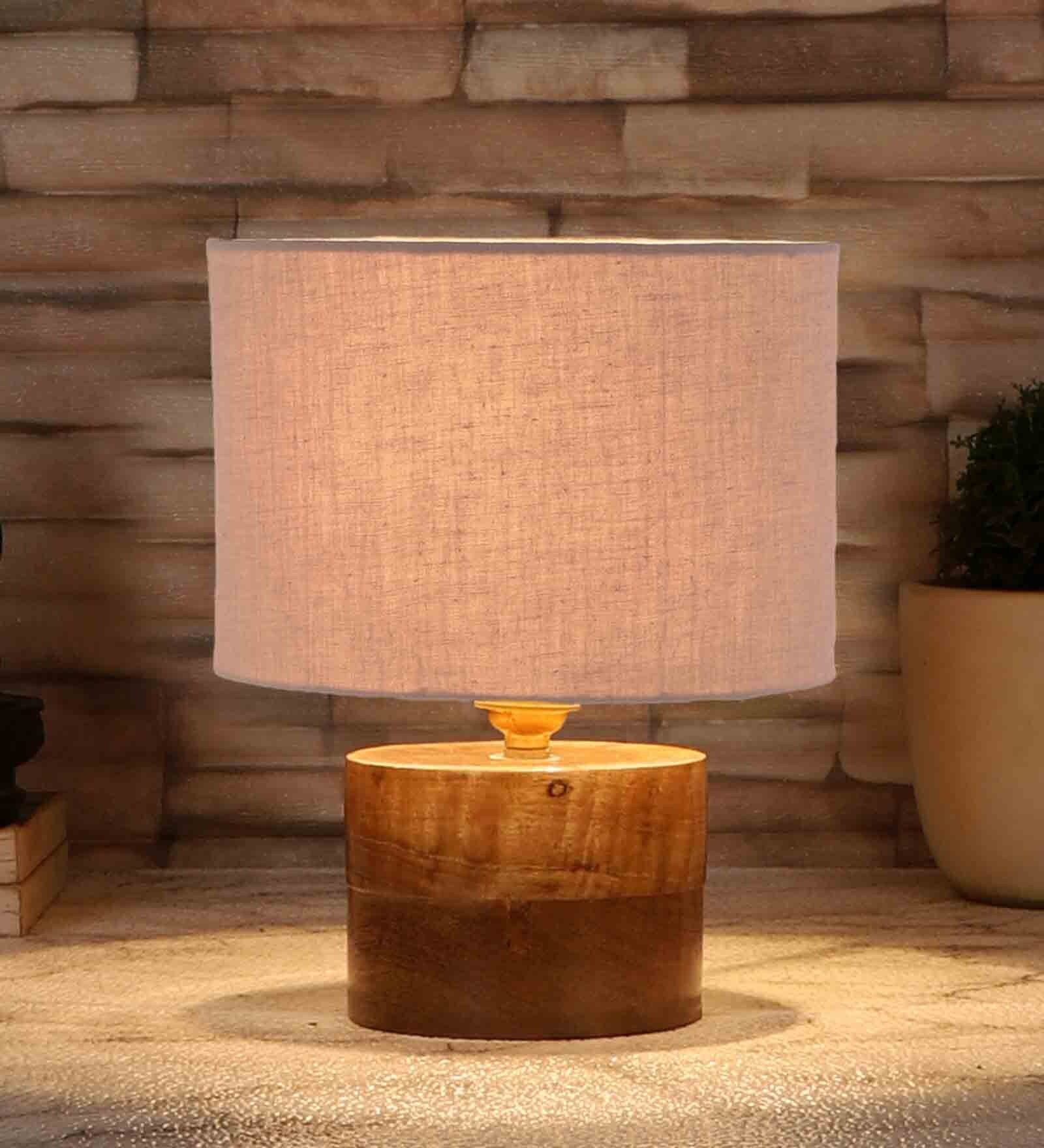 Grey Shade Table Lamp With Wood Base