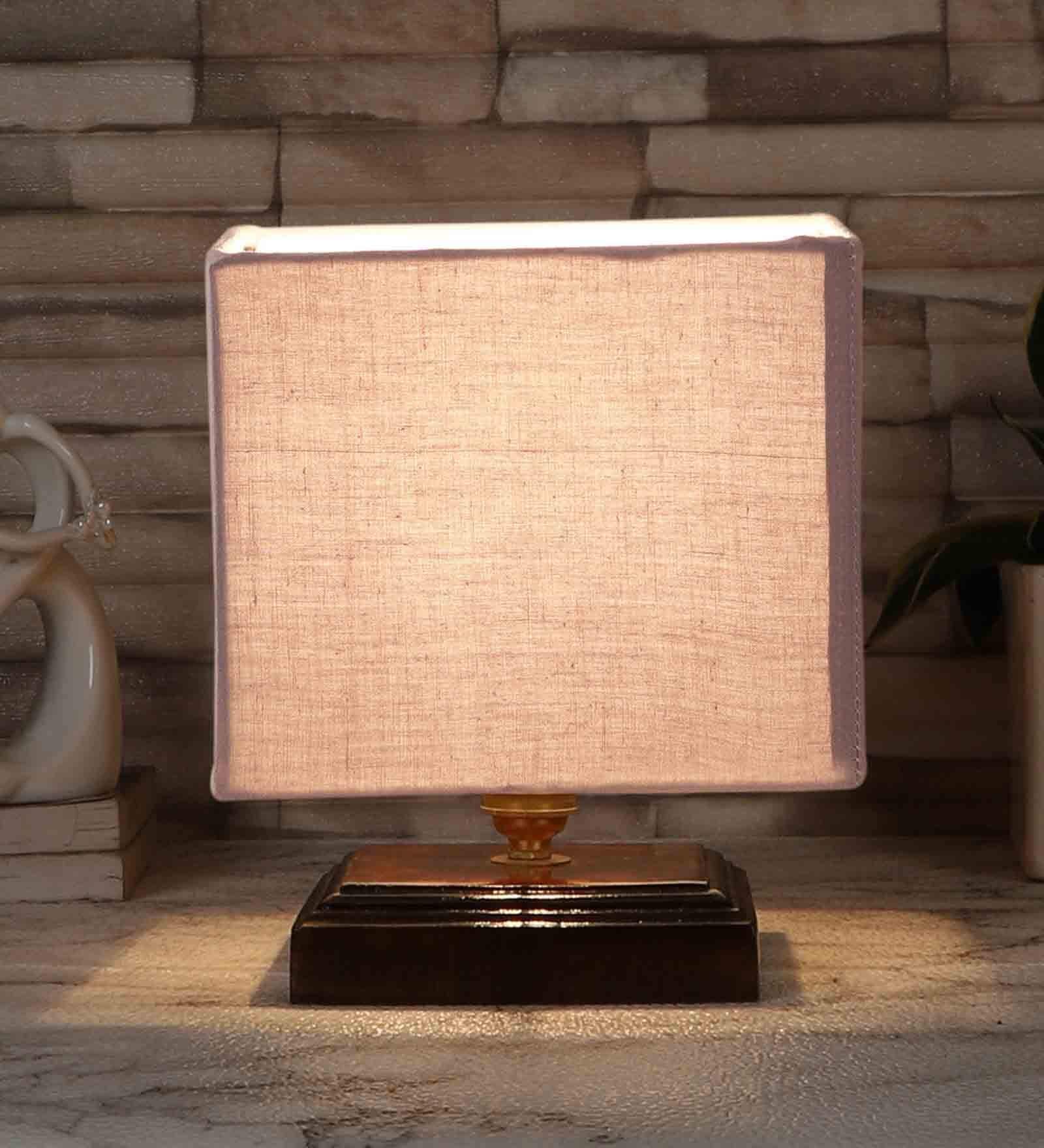Grey Shade Table Lamp With Wood Base