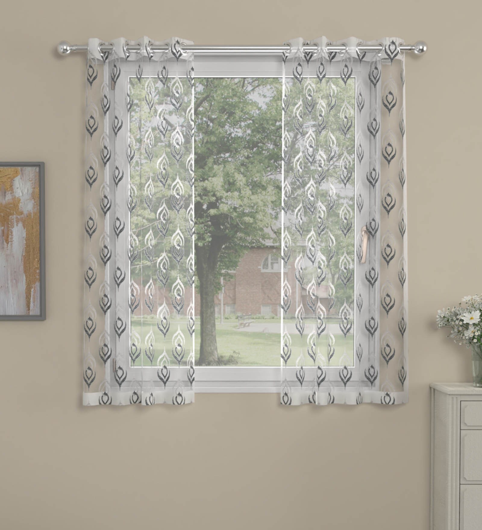 Grey Polyester Traditional 5ft Sheer Eyelet 1 Pc Window Curtain