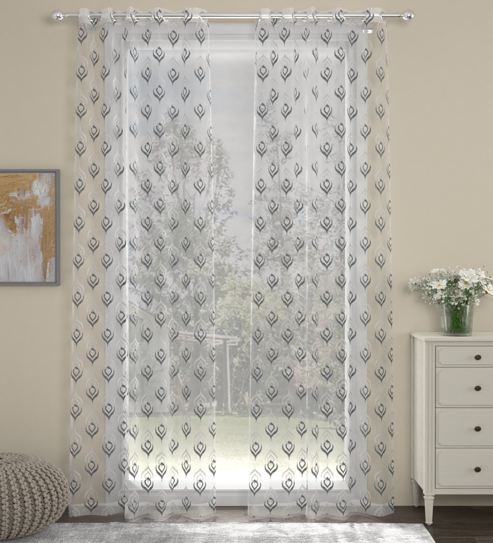 Grey Traditional Polyester 7 Ft Sheer Eyelet Door Curtains (Set of 2)