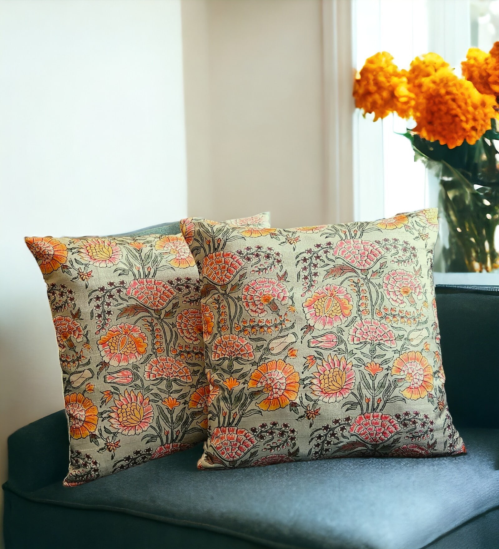 Grey Silk blend Chanderi Textured Floral 16x16 inches Cushion Covers (Set of 2)