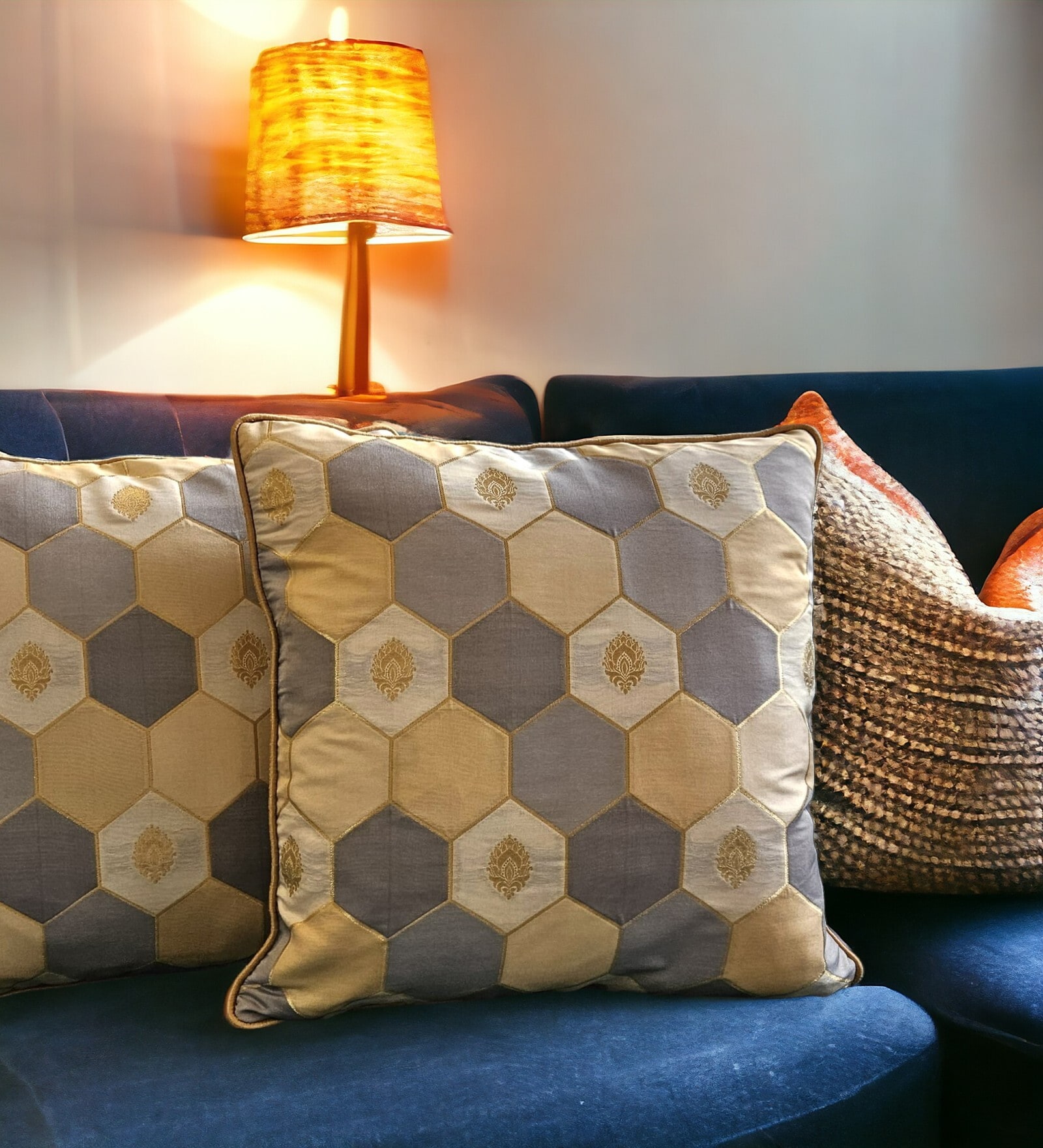 Grey Silk blend Honeycomb Brocade 16x16 inches Cushion Covers (Set of 2)